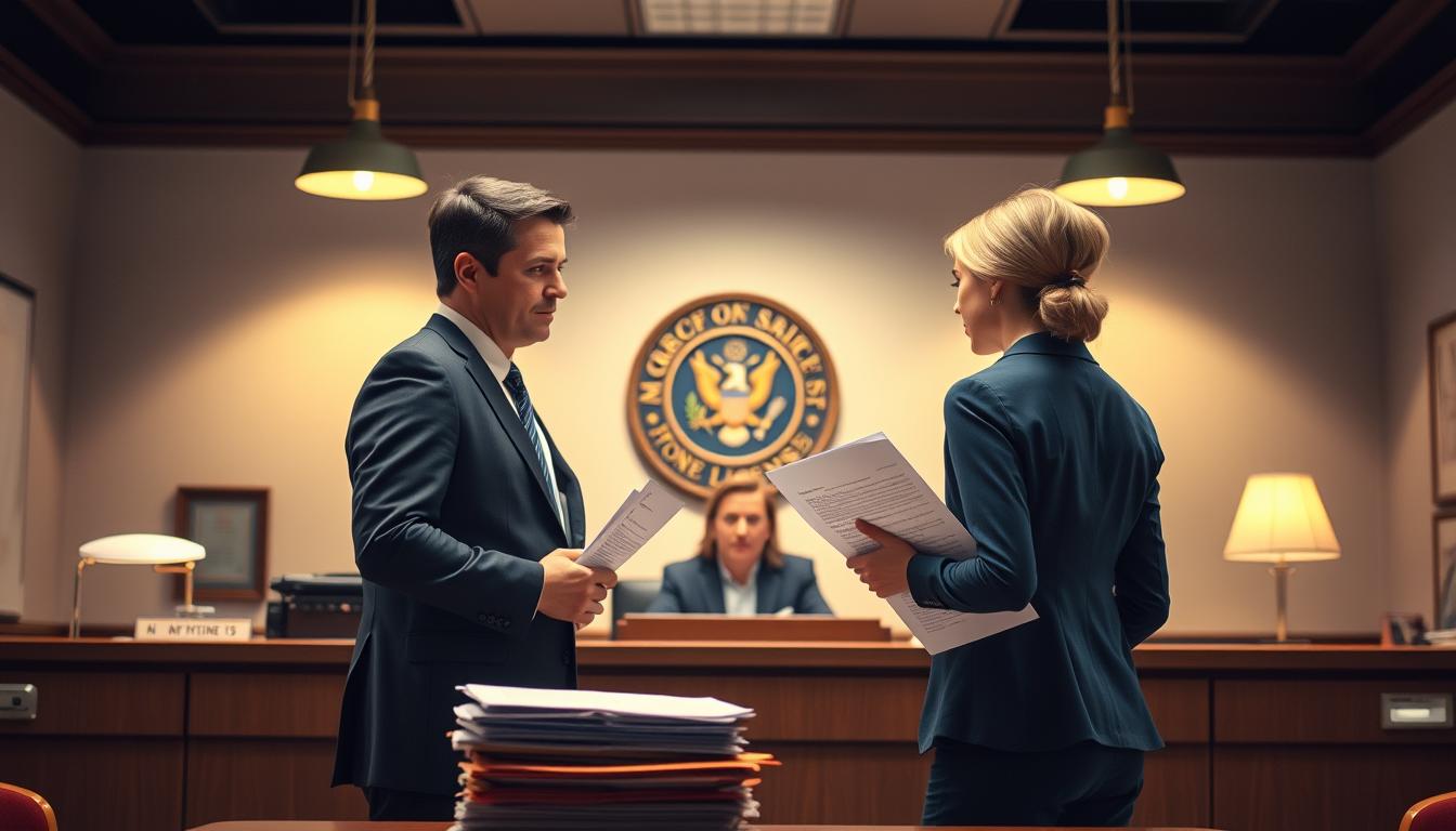 A well-lit office interior, the warm glow of desk lamps illuminating a stack of official-looking documents - a New York State marriage license application form. An authoritative-looking official in a crisp suit stands behind a counter, ready to process the paperwork. The applicants, a couple nervously clutching their documents, stand facing the counter, the 60-day waiting period looming before them. The atmosphere is one of anticipation and bureaucratic solemnity, as the couple prepares to embark on their new journey as partners before the law.