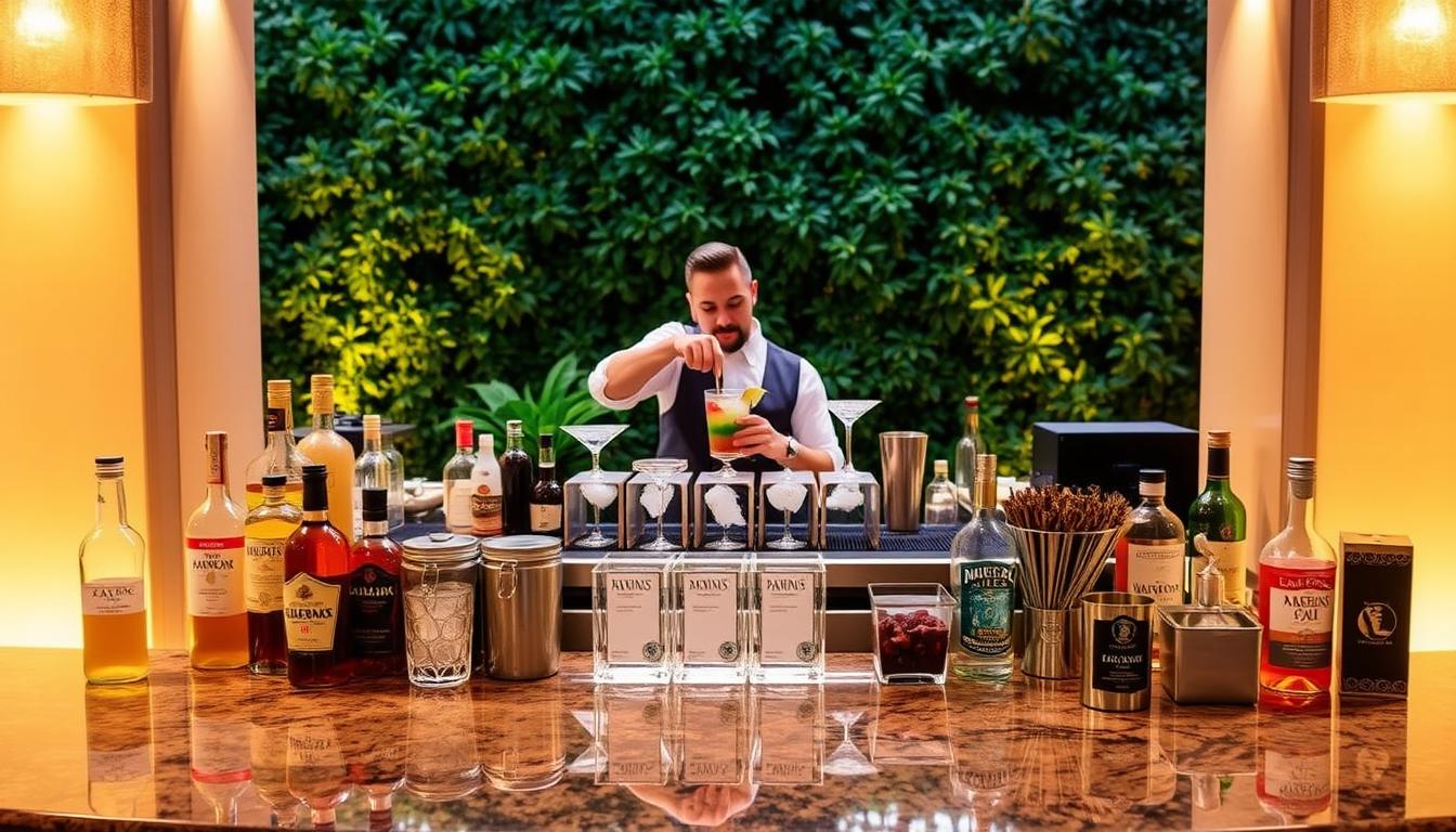 A well-stocked interactive cocktail station, illuminated by warm overhead lighting, invites guests to craft their own signature drinks. The foreground features an elegant granite countertop adorned with an array of premium spirits, mixers, garnishes, and custom ice molds. In the middle ground, a bartender skillfully prepares a vibrant, layered cocktail, showcasing their flair and expertise. The background depicts a lush, verdant garden setting, creating a serene and inviting atmosphere for this immersive mixology experience. Soft, diffused lighting casts a golden glow, enhancing the overall sophistication and elevated ambiance of this unique engagement party feature.