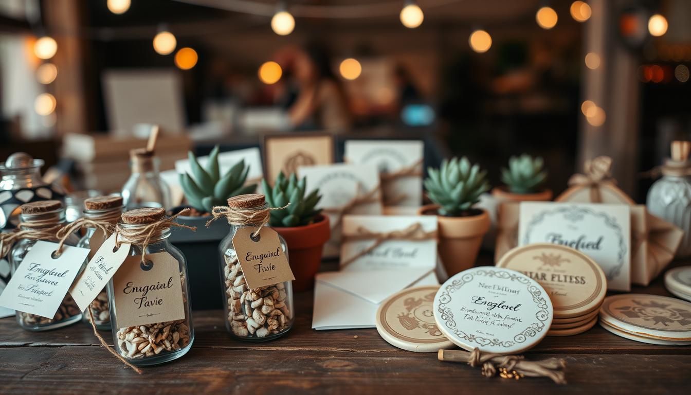 A whimsical assortment of unique and memorable engagement party favors, artfully arranged on a rustic wood surface. In the foreground, a cluster of delicate glass vials filled with fragrant potpourri, tied with twine and adorned with hand-calligraphed tags. Surrounding them, an eclectic mix of small trinkets and keepsakes - miniature succulents in clay pots, personalized matchboxes, and elegant wax-sealed envelopes containing handwritten well-wishes. The middle ground showcases a vintage-inspired display of decorative ceramic coasters, each featuring a different elegant design. In the background, string lights cast a warm, intimate glow, creating a cozy, celebratory ambiance. The overall scene evokes a sense of thoughtfulness, charm, and attention to detail that will delight your guests.