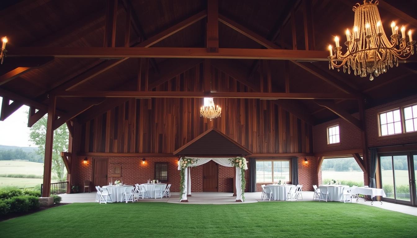 Affordable wedding venues, a tranquil countryside setting with a rustic barn, warm lighting, and a picturesque landscape in the background. The venue features a well-manicured lawn, surrounded by lush greenery and a quaint gazebo, perfect for an intimate outdoor ceremony. Wooden beams and exposed brick walls create a charming, authentic ambiance, while large windows allow natural light to flood the space. Elegant chandeliers hang from the high ceilings, casting a soft glow over the reception area. The venue's simple yet elegant decor offers a blank canvas for couples to personalize their special day, making it an ideal choice for budget-conscious couples seeking a beautiful, memorable setting.