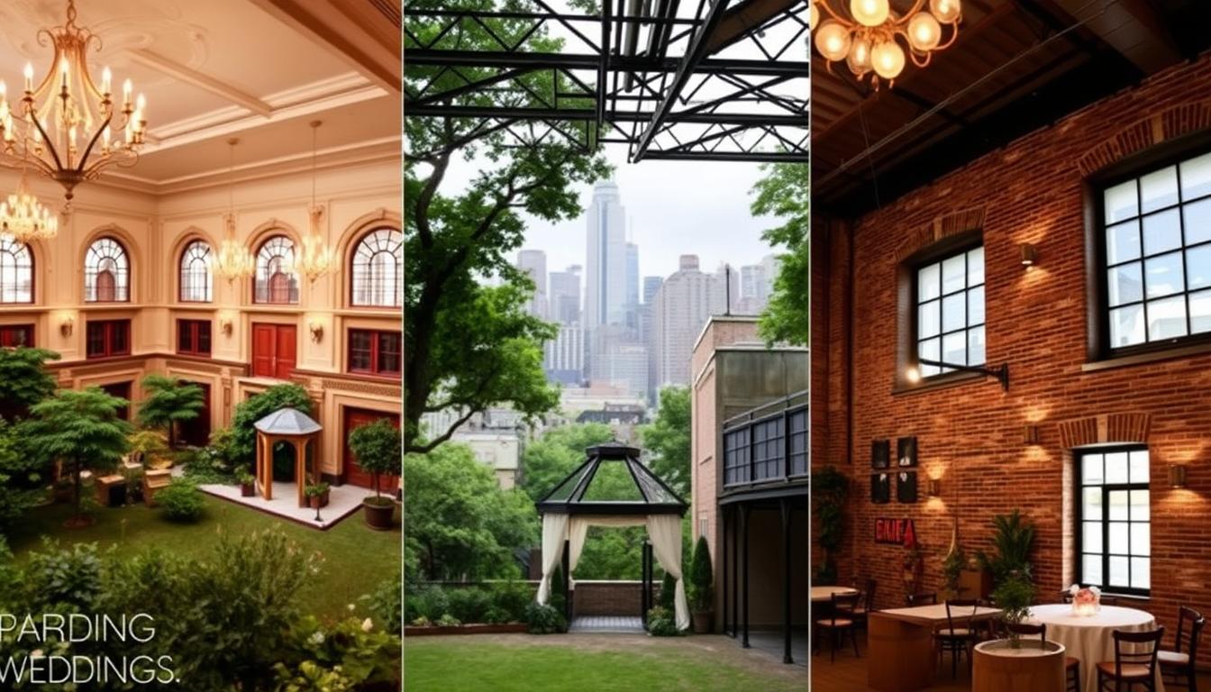 Affordable wedding venues in New York City, featuring elegant historic ballrooms, cozy loft spaces, and scenic outdoor gardens. A well-lit, high-ceilinged ballroom with ornate chandeliers and classic decor, surrounded by a verdant courtyard with a quaint gazebo. In the background, the iconic skyline of Manhattan provides a stunning backdrop. Soft, warm lighting creates a romantic, intimate atmosphere, while the middle ground showcases a modern loft venue with exposed brick walls and large windows. Crisp, high-resolution photography captures the varied, charming options for an affordable yet beautiful New York wedding.