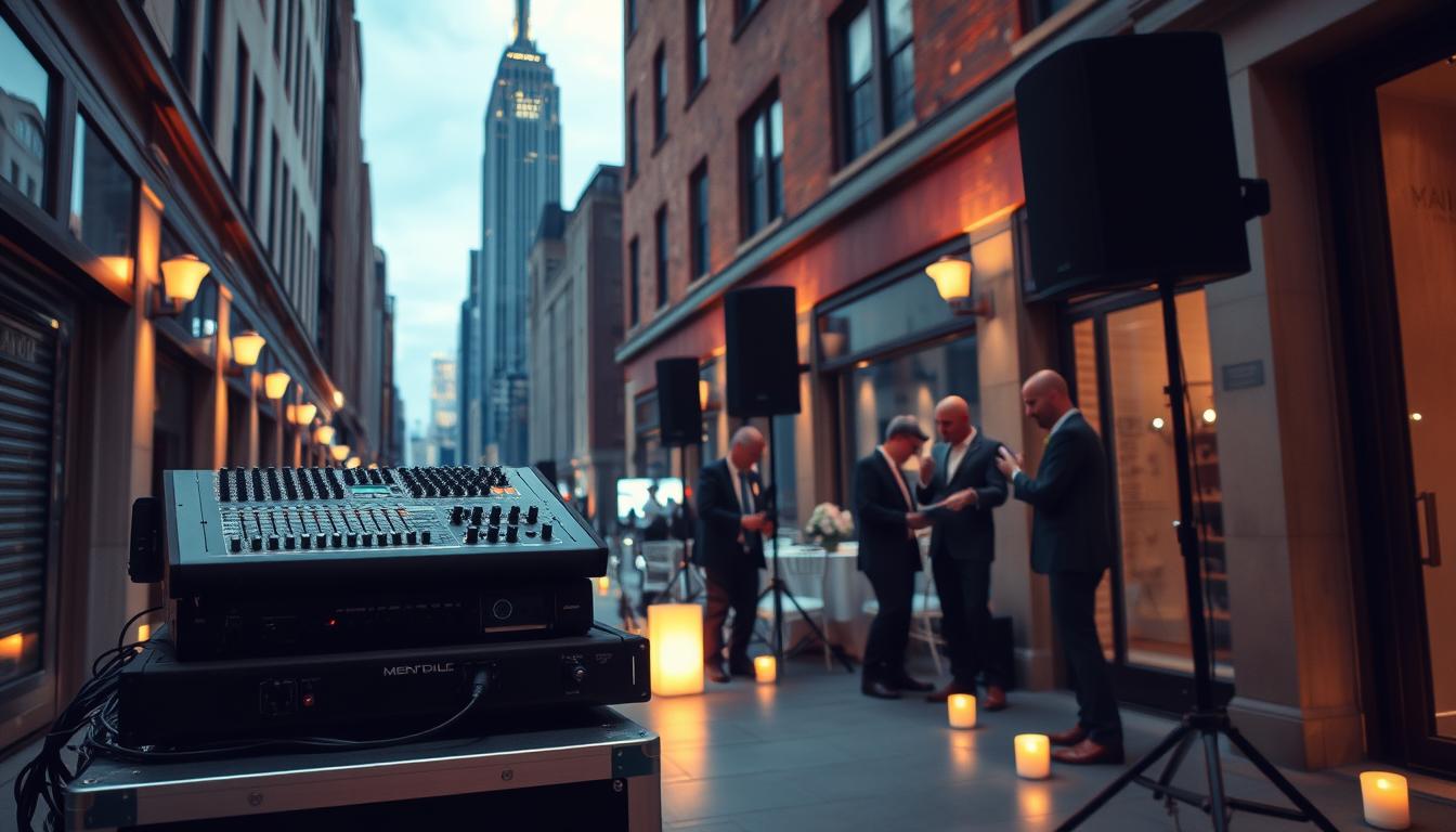 An elegant and immersive wedding sound setup in a bustling New York City alleyway. In the foreground, a professional-grade sound mixer, speakers, and microphones are carefully arranged on a sleek equipment rack. The middle ground features a team of experienced technicians meticulously checking cables and adjusting levels, ensuring a flawless audio experience. In the background, the iconic skyline of Manhattan rises, with towering skyscrapers and bright lights creating a vibrant, energetic atmosphere. Soft, warm lighting illuminates the scene, setting the stage for a memorable celebration. The overall composition conveys the importance of high-quality sound equipment and expert setup in delivering an unforgettable wedding experience in the heart of the city that never sleeps.