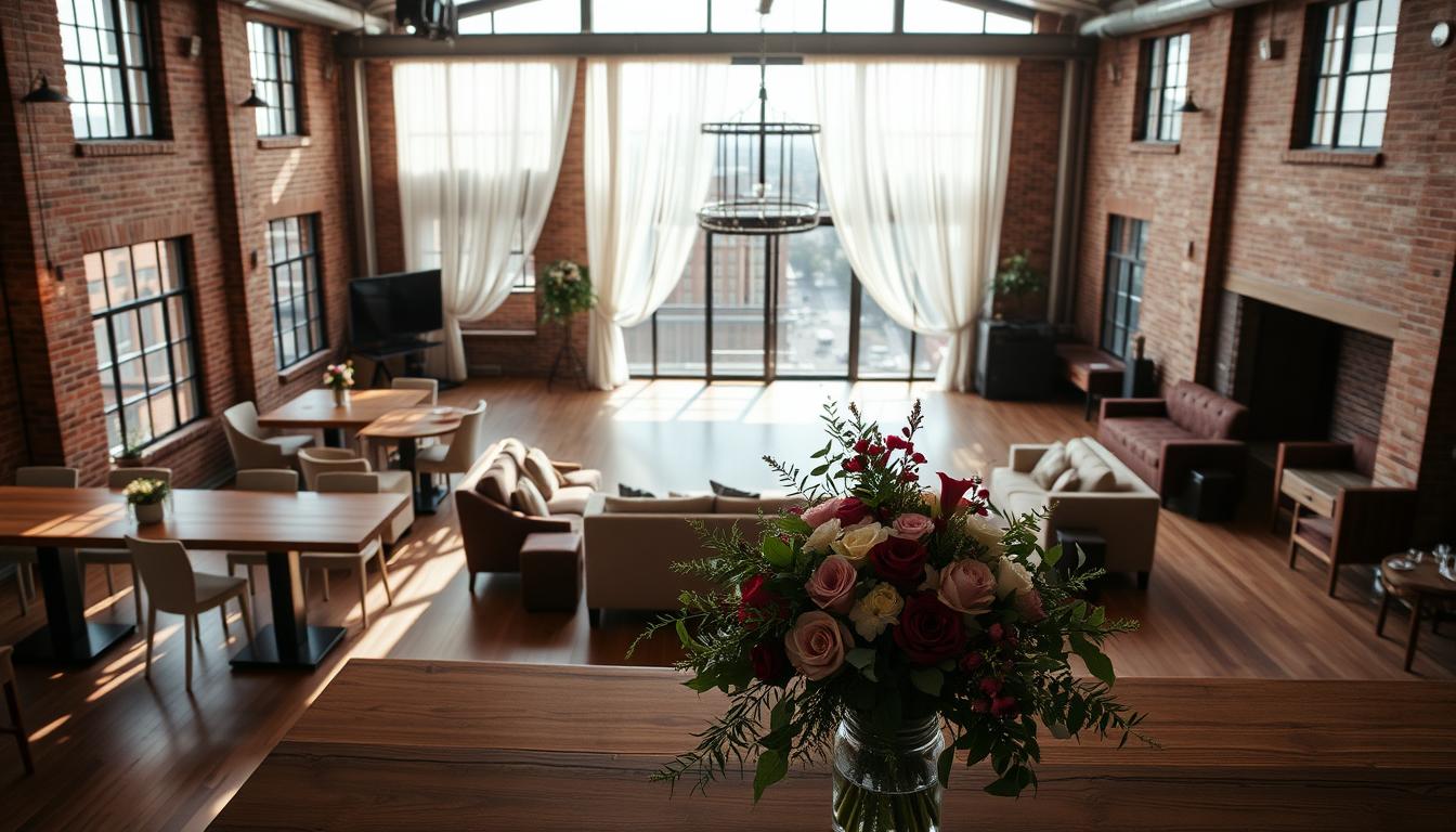 An elegant, budget-friendly wedding venue in a sun-drenched loft space with exposed brick walls, wood floors, and floor-to-ceiling windows overlooking a bustling city street. Soft, natural lighting filters through gauzy curtains, creating a warm, inviting ambiance. A mix of rustic and modern furnishings - wooden tables, industrial-chic lighting fixtures, plush velvet sofas - fill the open floor plan. In the foreground, a vibrant floral arrangement sits atop a sleek bar, hinting at the customizable catering options available. The middle ground features a large dance floor, perfect for hosting lively celebrations. The background reveals a stunning skyline view, making this venue an urban oasis for couples seeking a flexible, affordable wedding experience.