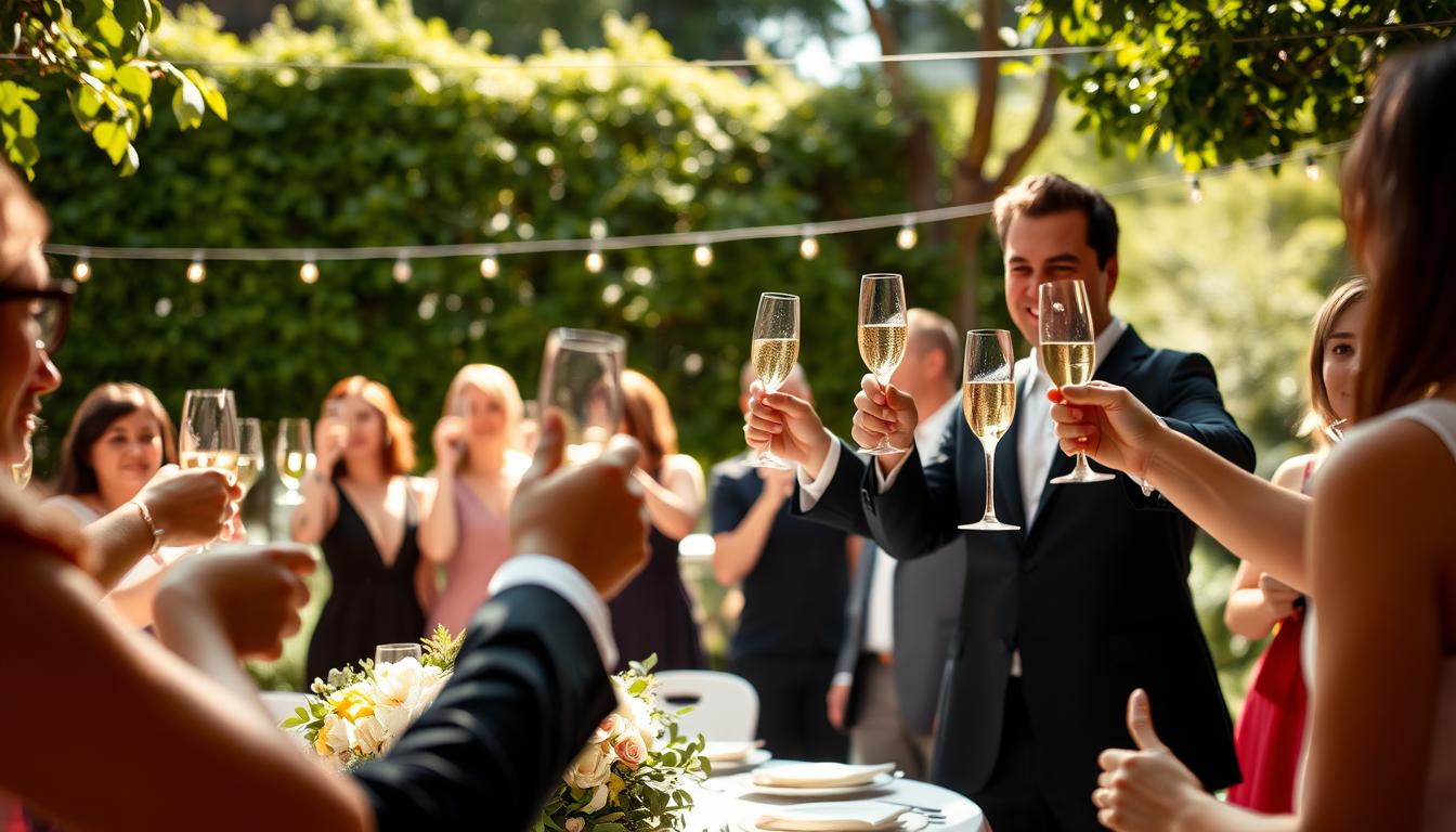 An elegant engagement party celebration in a sun-dappled garden. In the foreground, a group of smartly dressed guests raising champagne flutes, their faces alight with joy and anticipation. In the middle ground, a table adorned with a lush floral centerpiece and delicate china. The background features a backdrop of lush greenery, with the soft glow of string lights casting a warm, intimate atmosphere. The scene is captured with a shallow depth of field, drawing the viewer's attention to the celebratory mood and the significance of the occasion.
