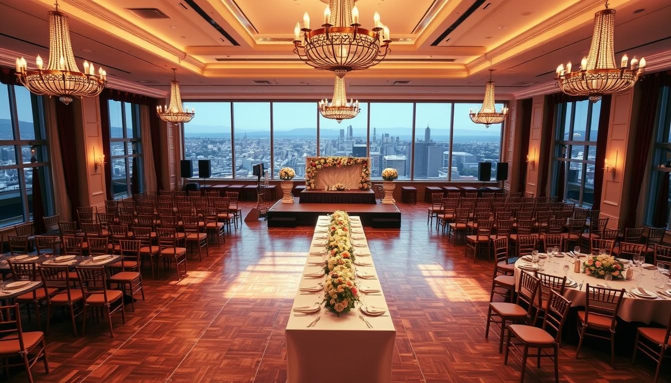 An elegant engagement party venue with a warm, inviting atmosphere. A grand, high-ceilinged ballroom with ornate chandeliers bathing the space in a soft, golden glow. Rows of polished wooden chairs line the parquet dance floor, facing a stage adorned with lush floral arrangements. Large windows along the walls allow natural light to stream in, complementing the rich, burgundy draperies. In the middle ground, a long, beautifully set table with fine china, silverware, and candles creates an intimate, celebratory ambiance. The background features a panoramic view of a picturesque city skyline, adding a touch of urban sophistication.