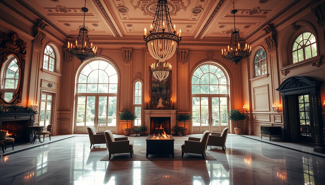 An elegant, sprawling indoor wedding venue in Brooklyn, New York, bathed in warm, soft lighting that filters through large windows overlooking a garden. The main hall features high ceilings, ornate chandeliers, and a polished marble floor. In the foreground, a cozy seating area with plush, velvet armchairs and a roaring fireplace creates an intimate ambiance. The middle ground showcases intricate architectural details, such as detailed moldings and arched entryways, while the background reveals lush, verdant greenery outside, blending the indoor and outdoor spaces seamlessly.