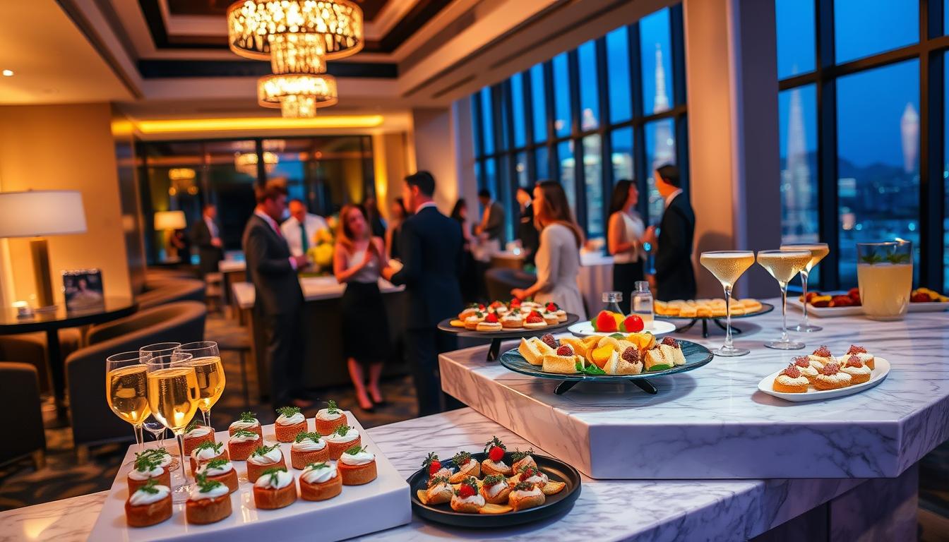 An elegant, upscale engagement party catering scene. In the foreground, a beautifully curated display of gourmet hors d'oeuvres, delicate pastries, and artisanal cocktails arranged on a marble-topped buffet table. Warm, ambient lighting casts a soft glow, accentuating the rich textures and vibrant colors of the meticulously prepared dishes. In the middle ground, smartly dressed guests mingle and converse, sipping champagne and savoring the exceptional flavors. The background features a sophisticated, modern event space with high ceilings, sleek furnishings, and floor-to-ceiling windows offering a picturesque city skyline view. An atmosphere of refined elegance and indulgence pervades the scene.