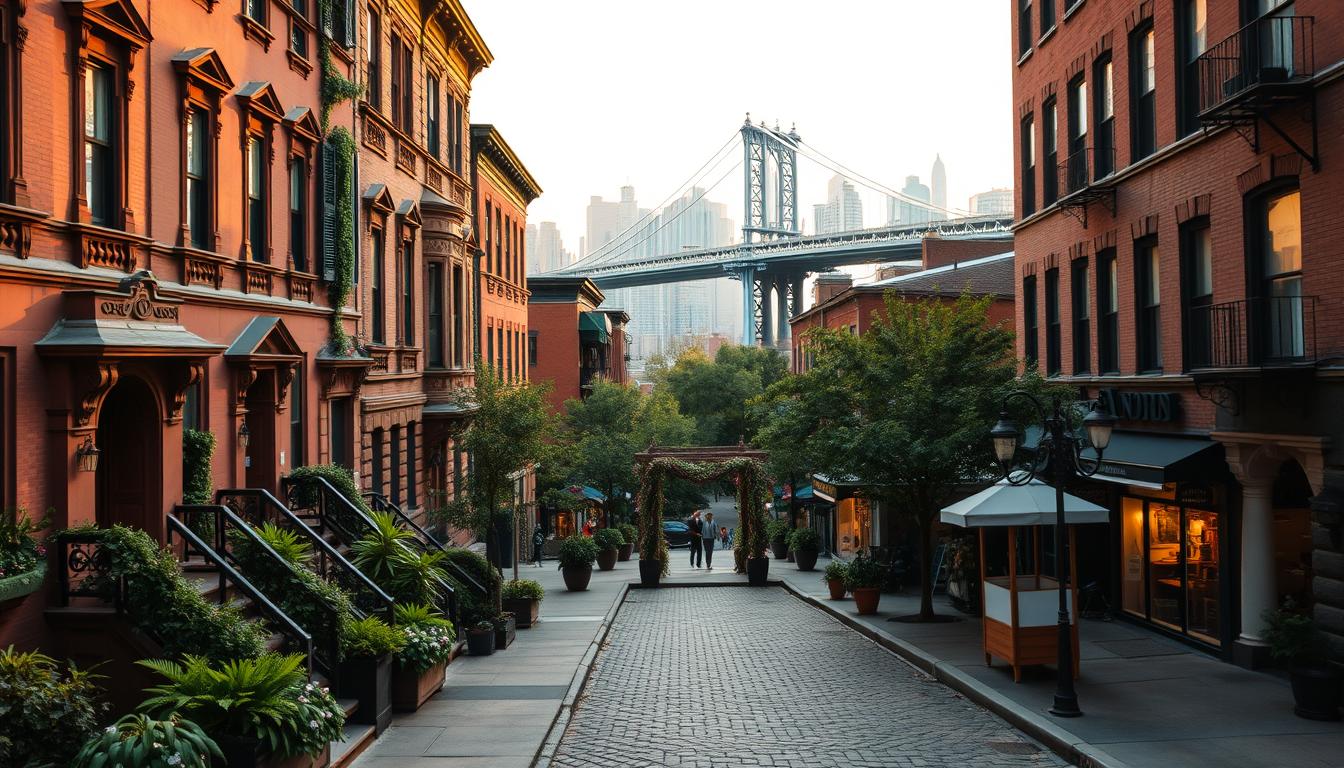 An expansive cityscape of Brooklyn, New York, showcasing a collection of unique and picturesque wedding venues. In the foreground, a grand, historic brownstone facade with intricate architectural details and lush greenery adorning the steps. The middle ground features a charming cobblestone street lined with quaint cafes, boutiques, and a picturesque gazebo-style pavilion, perfect for an elegant outdoor ceremony. In the background, the iconic Brooklyn Bridge and the Manhattan skyline create a stunning urban backdrop, bathed in warm, golden-hour lighting. The overall scene conveys a sense of timeless sophistication and the vibrant, creative energy that defines the borough of Brooklyn.