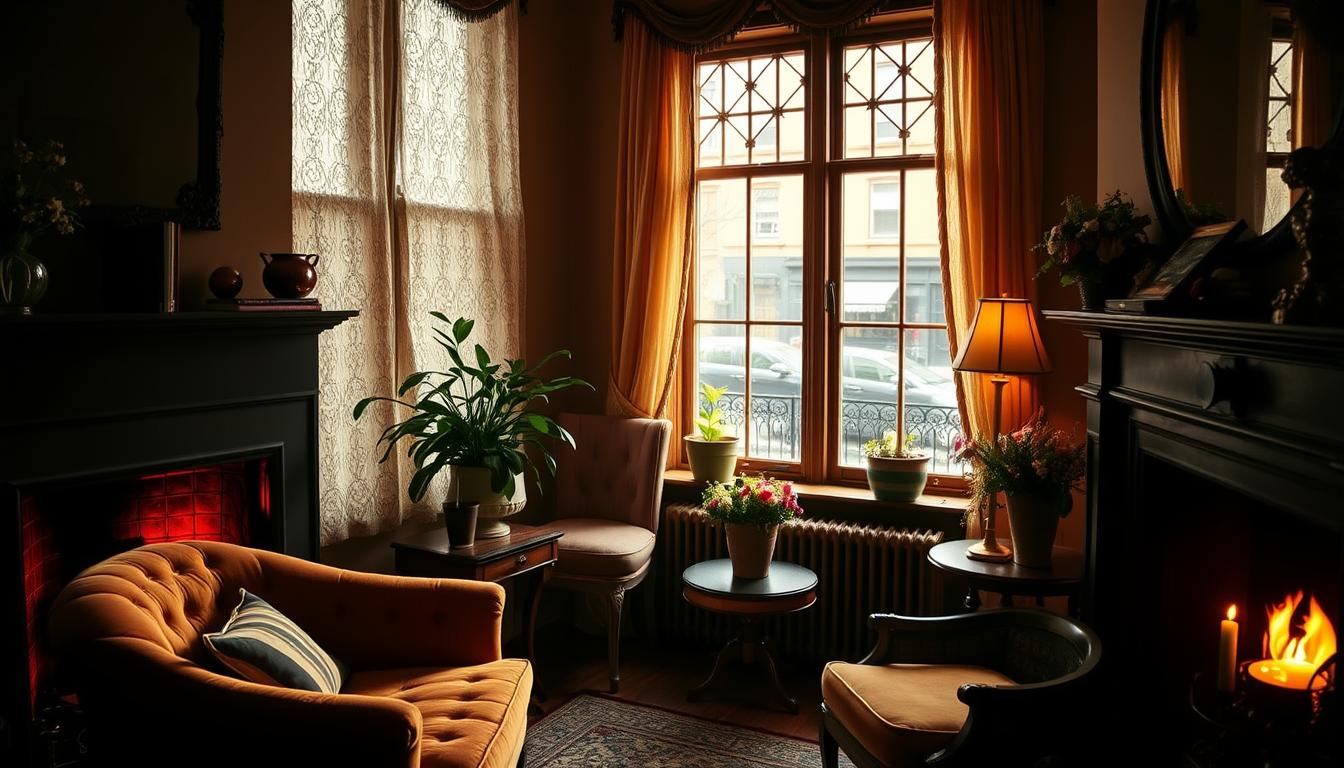 An intimate, cozy elopement venue in the heart of Harlem, New York. A quaint brownstone with warm, golden lighting filtering through lace-curtained windows. Plush velvet armchairs and a crackling fireplace create a romantic, vintage atmosphere. Potted ferns and fresh flower arrangements adorn antique side tables, while a large bay window overlooks a picturesque urban street. Soft, diffused lighting casts a dreamy glow, highlighting the elegant, historic architecture. The space feels secluded and private, perfect for an intimate, candlelit celebration of love.