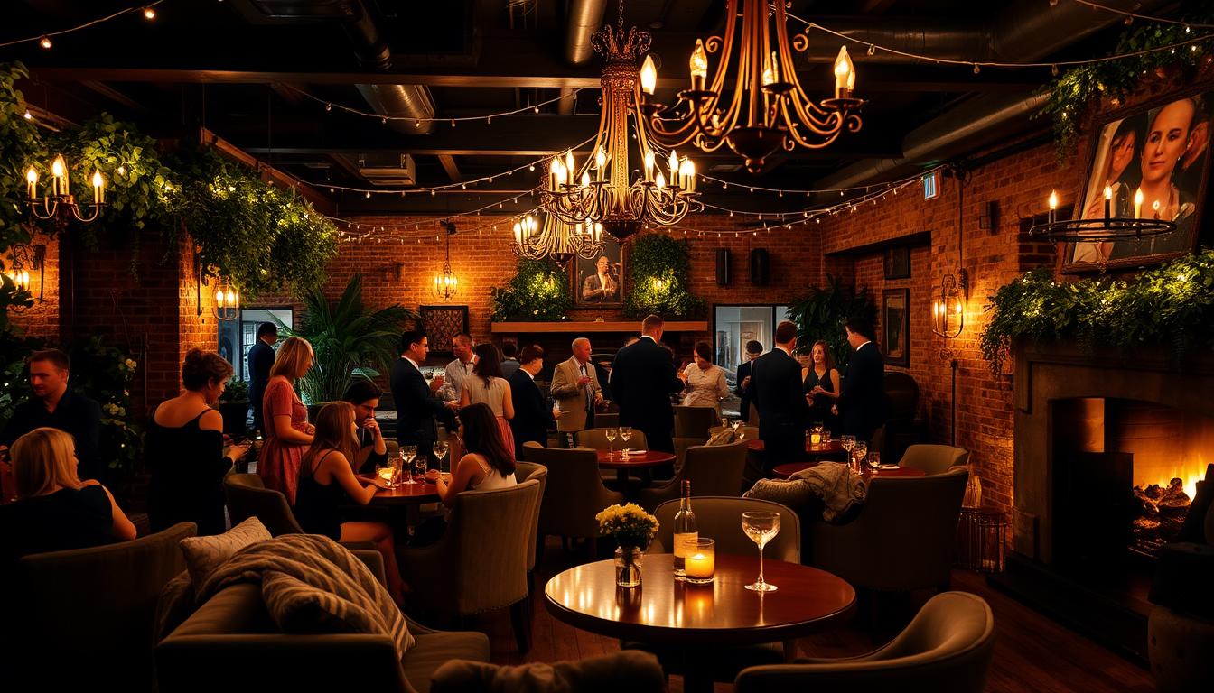 An intimate hidden gem party venue with a cozy and inviting ambiance. A dimly lit, vintage-inspired lounge with plush velvet seating, ornate chandeliers, and a warm fireplace in the background. Exposed brick walls, lush greenery, and twinkling string lights create a welcoming and sophisticated atmosphere. Guests gathered around small bistro tables, enjoying craft cocktails and lively conversation. Soft, golden lighting casts a romantic glow, while a jazz trio plays mellow tunes in the corner. The venue exudes a sense of exclusivity and charm, perfect for an unforgettable indoor celebration any time of year.