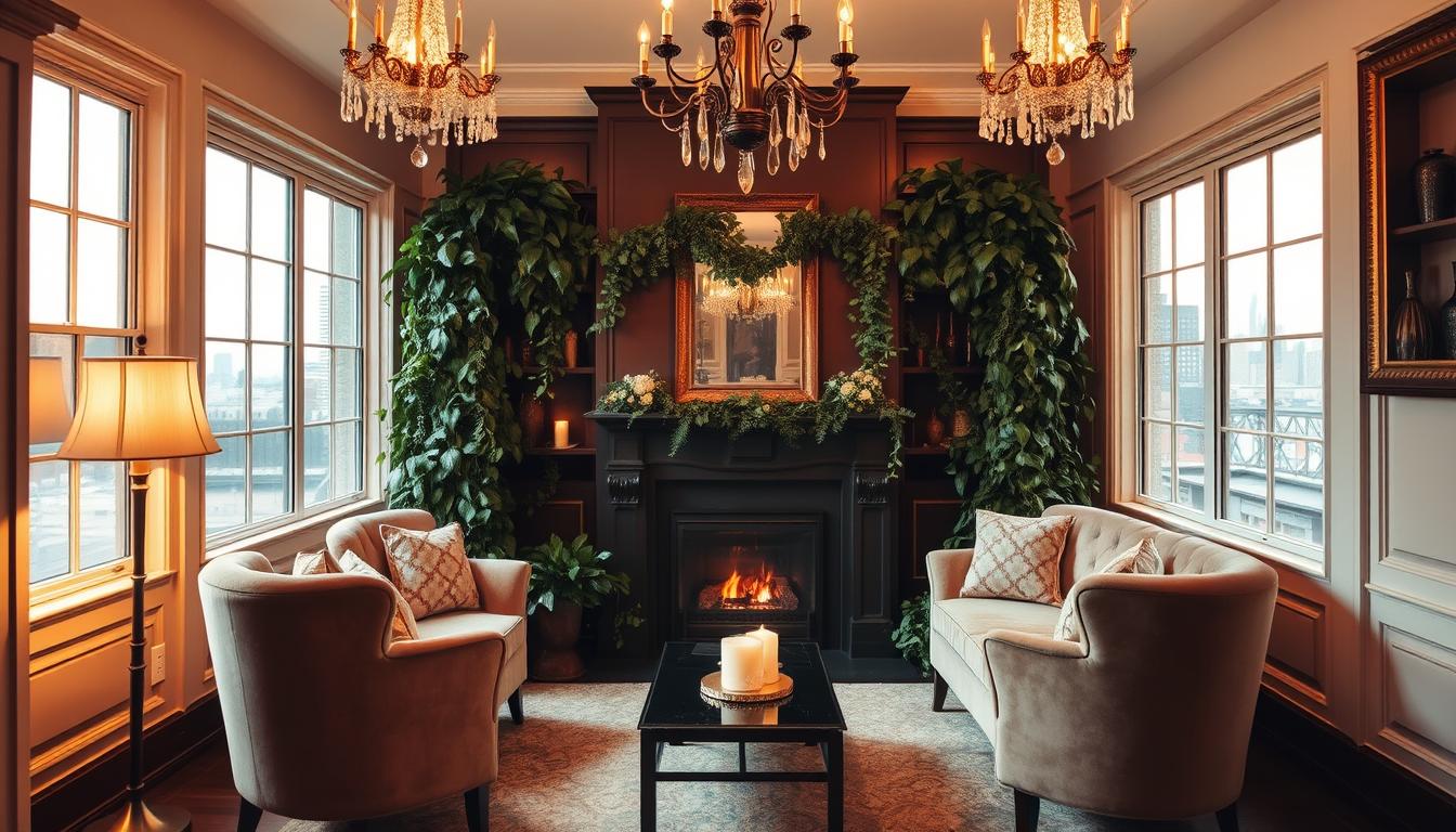 An intimate wedding space in NYC, a cozy nook tucked away from the bustling city. Soft, warm lighting illuminates the room, casting a romantic glow on the elegant decor. Plush velvet armchairs and a loveseat flank a central fireplace, its flickering flames casting dancing shadows. Lush greenery cascades from shelves, adding a touch of nature. Vintage-inspired chandeliers hang overhead, their crystals catching the light. Large windows offer a glimpse of the NYC skyline, the city's iconic silhouette in the distance. This serene, customizable space invites couples to personalize and craft their dream micro wedding celebration.