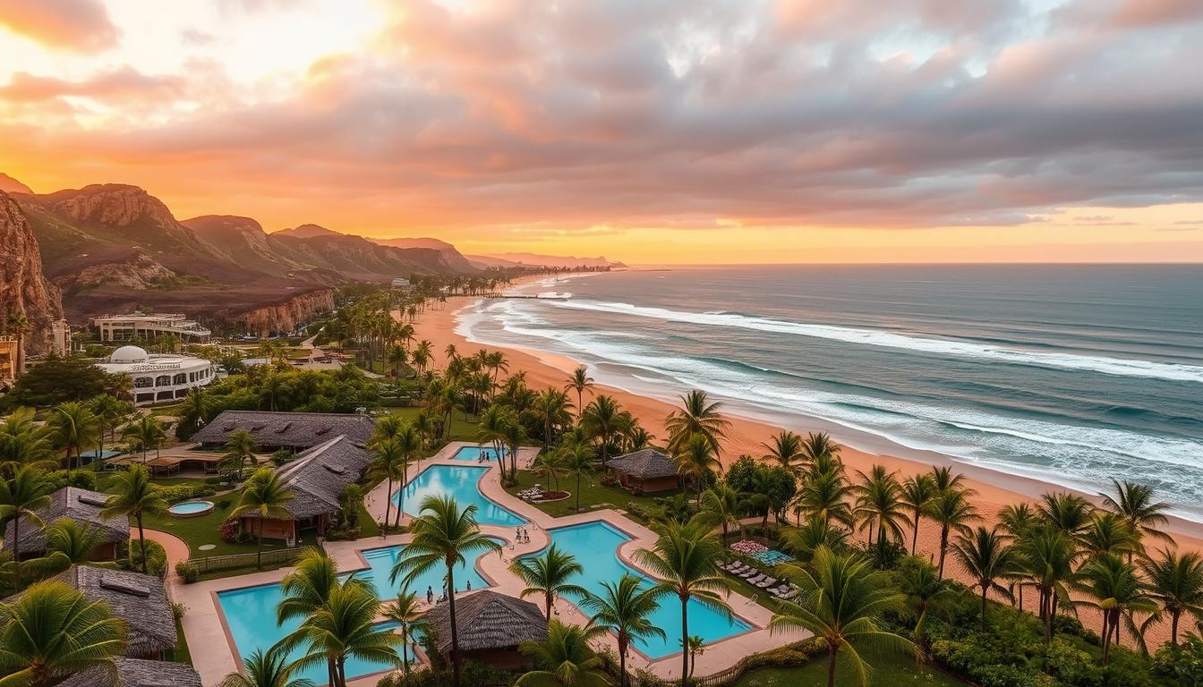 Beachfront resort in Southern California with a lush, tropical landscape. In the foreground, a sprawling open-air resort with thatched-roof bungalows and azure pools overlooking the Pacific Ocean. In the middle ground, swaying palm trees and a long stretch of golden sand beach. In the background, rugged coastal cliffs and a vibrant sunset sky with warm, golden light. The scene exudes a sense of relaxation, luxury, and natural beauty that embodies the quintessential California beach resort experience.
