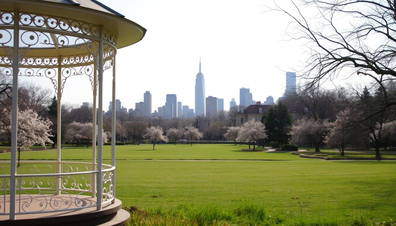 Central Park wedding permit options, captured in a classic documentary style photograph. A formal garden gazebo stands in the foreground, its delicate wrought-iron structure bathed in soft, diffused afternoon light. In the middle ground, a well-manicured lawn stretches out, dotted with blooming cherry blossom trees. The iconic Manhattan skyline rises in the distance, a dramatic backdrop for this idyllic urban oasis. The scene conveys a sense of elegance and tranquility, hinting at the various permit options available for couples seeking to host their nuptials in this beloved New York landmark.