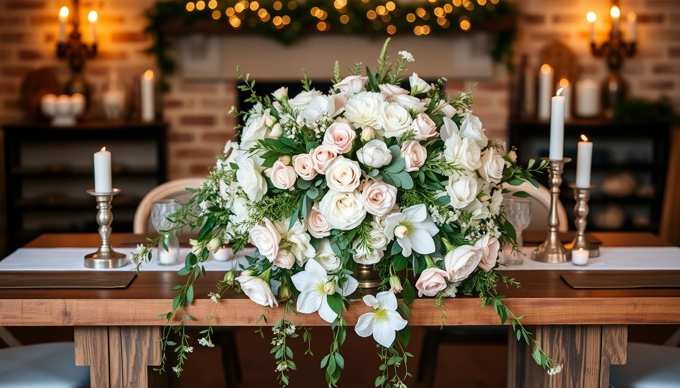 Elegant DIY engagement party centerpieces set against a warm, inviting backdrop. In the foreground, a rustic wooden table is adorned with a lush, overflowing floral arrangement featuring a variety of blooms in soft pastel hues. Trailing greenery cascades from the arrangement, creating a natural, organic feel. In the middle ground, the table is surrounded by simple, stylish decor elements like candlesticks, votive holders, and delicate glass vases. The background features a cozy, ambient setting with soft lighting, perhaps a fireplace or string lights, setting a romantic, intimate mood for the gathering.