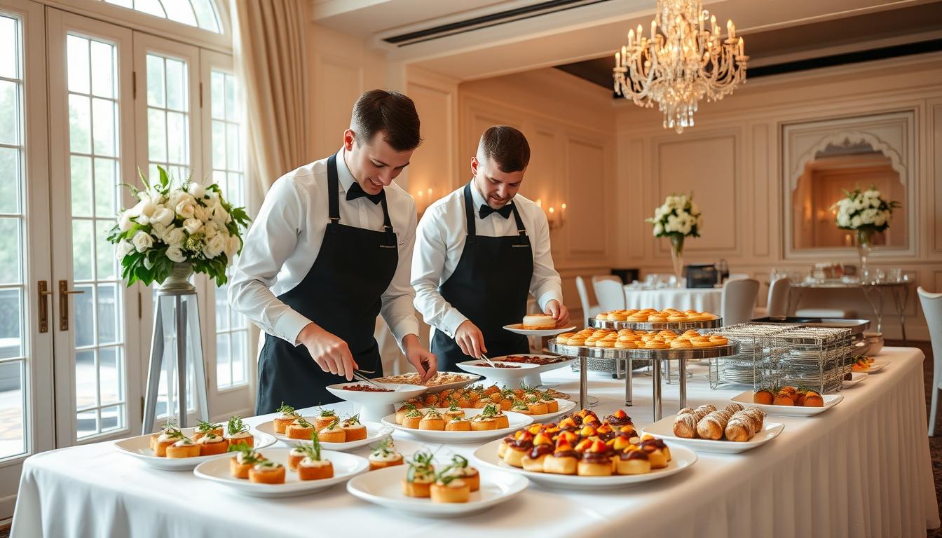 Elegant catering staff, dressed in crisp white shirts and black aprons, meticulously arranging a sumptuous spread of gourmet hors d'oeuvres and entrees on a pristine white tablecloth. The scene is bathed in soft, natural lighting that filters through large windows, casting a warm, inviting glow. In the background, a beautifully decorated event space with high ceilings and tasteful floral arrangements hints at the grandeur of a New York wedding celebration. The caterers consult a custom menu, ensuring every detail is precisely tailored to the couple's vision. This image conveys the importance of a well-orchestrated catering timeline, where every element is thoughtfully considered to create an unforgettable dining experience for the newlyweds and their guests.