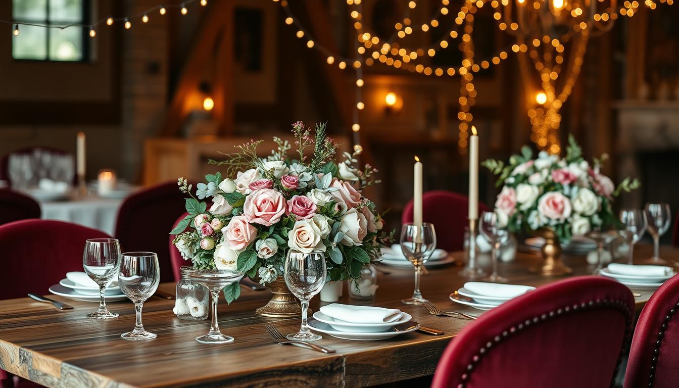 Elegant engagement party decor ideas: a warm, romantic setting with a rustic wooden table, adorned with lush floral centerpieces in shades of pink, peach, and ivory. Twinkling fairy lights hang overhead, casting a soft, ambient glow. Delicate glassware and fine china shimmer, complemented by polished silverware. Plush velvet chairs in a rich burgundy hue surround the table, inviting guests to gather and celebrate the special occasion. The overall atmosphere is one of refined sophistication, with a touch of whimsical charm to create an enchanting backdrop for the joyous celebration.