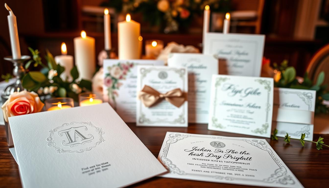 Elegant engagement party invitation designs, featuring delicate floral arrangements, soft pastel colors, and whimsical calligraphy. In the foreground, high-quality paper with an embossed monogram or embellished with ribbon, lace, or pearl accents. The middle ground showcases a variety of invitation styles, from classic tri-fold cards to modern minimalist designs. In the background, a romantic setting with flickering candles, fresh greenery, and a touch of vintage charm. Warm, ambient lighting casts a gentle glow, evoking a sense of intimacy and celebration. The overall mood is one of timeless sophistication and personalized elegance, perfectly capturing the spirit of an unforgettable engagement party.