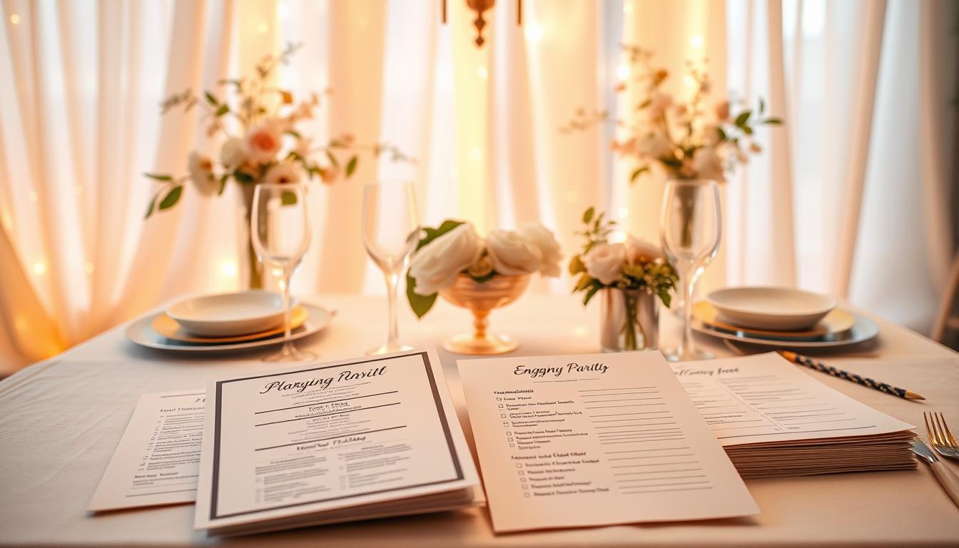 Elegant engagement party planning guide against a soft, dreamy backdrop. A chic table setting with delicate china, crystal stemware, and delicate floral arrangements. Overhead, a warm, golden lighting casts a cozy glow, creating an intimate, celebratory atmosphere. In the foreground, a carefully curated selection of party planning essentials - invitations, a timeline checklist, and meticulously organized notes. The overall scene conveys a sense of thoughtful preparation and anticipation for the special occasion.