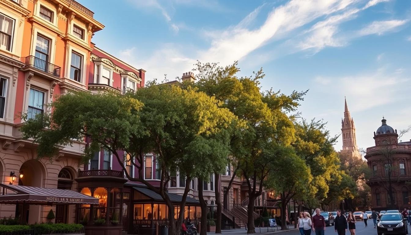 Elegant townhouses lining a tree-lined street in the heart of Central Park, New York City. A cozy boutique hotel with warm lighting and inviting facades beckons guests. Couples and families stroll along the sidewalks, taking in the vibrant energy of the urban oasis. Overhead, a clear blue sky with wispy clouds creates a serene atmosphere. The scene evokes a sense of timeless charm and sophisticated hospitality, perfect for visitors seeking accommodation near this iconic NYC landmark.