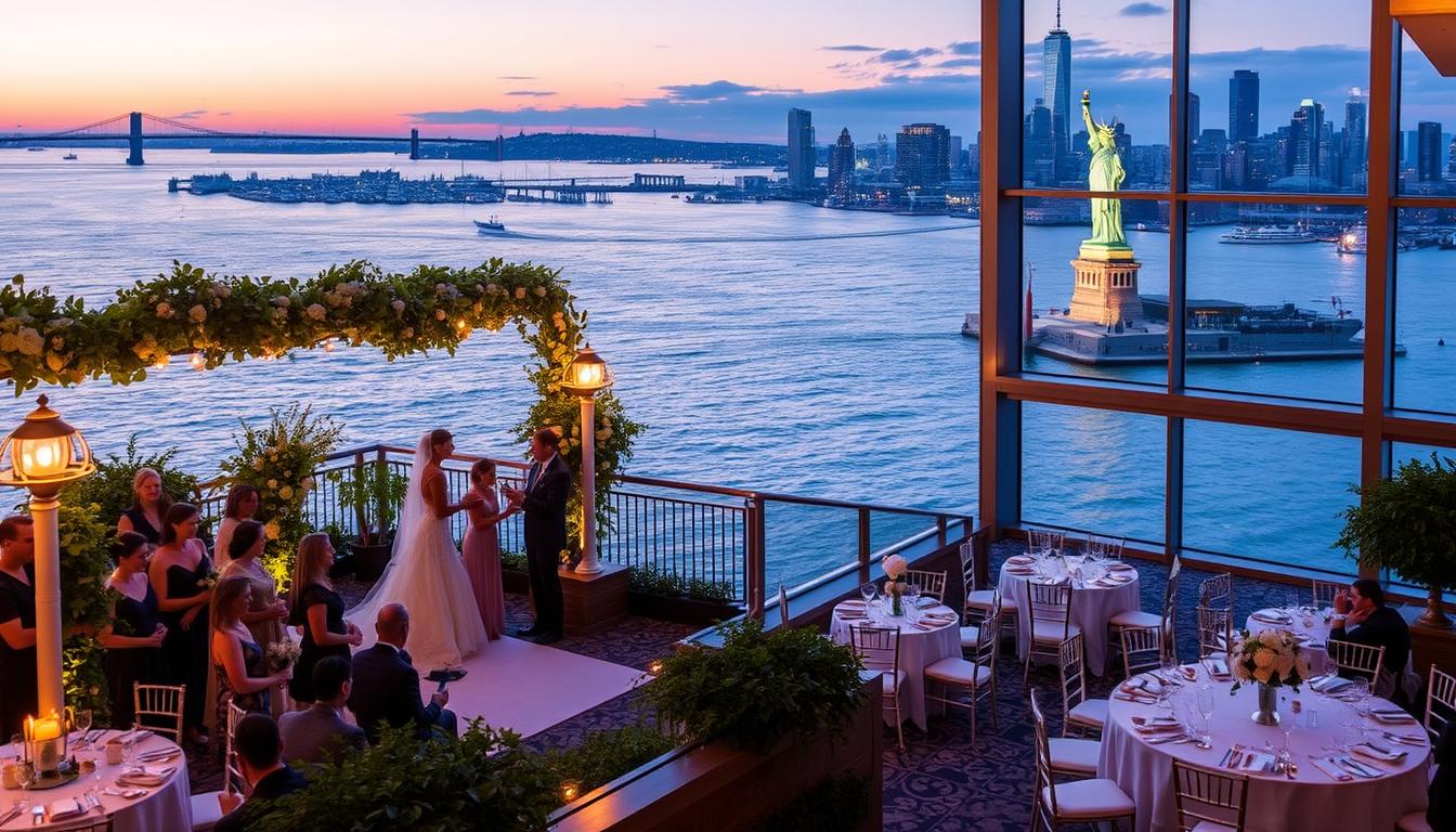 Elegant waterfront wedding venue in New York City, with sweeping views of the Statue of Liberty and the Manhattan skyline. A picturesque outdoor ceremony space overlooking the serene waters of the Hudson River, with lush greenery and warm, golden lighting casting a romantic glow. Couples exchanging vows against the iconic backdrop of the city's landmarks, surrounded by their loved ones. The reception takes place in a charming, refined indoor hall, with floor-to-ceiling windows offering a breathtaking panorama of the New York Harbor. Sophisticated, refined decor with touches of luxury, creating an enchanting atmosphere for a memorable celebration.