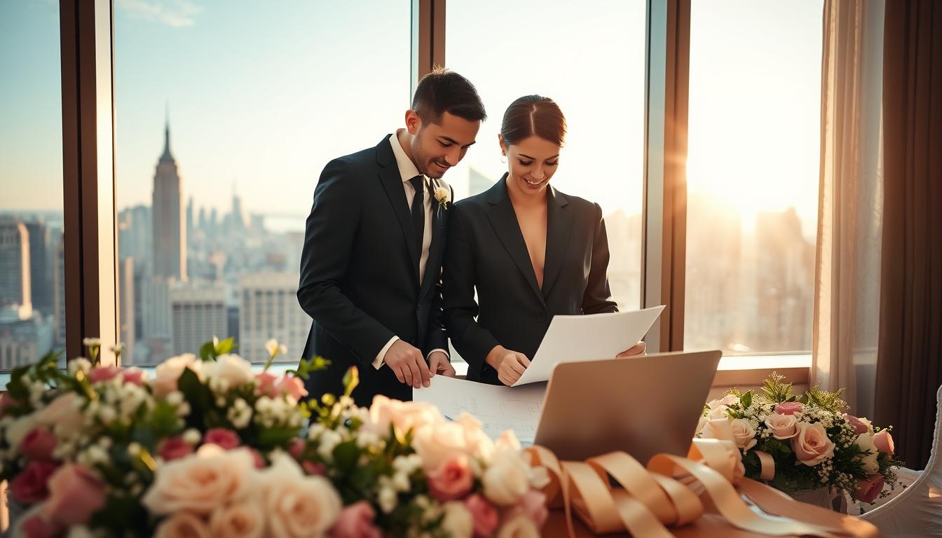 Elegant wedding planners in a luxurious New York City setting. In the foreground, two professional event coordinators in formal attire review planning materials on a laptop, surrounded by an array of flowers, ribbons, and decorative accessories. In the middle ground, a backdrop of the Manhattan skyline with iconic skyscrapers like the Empire State Building, illuminated by warm, golden sunlight filtering through the windows. The atmosphere conveys a sense of sophistication, attention to detail, and the culmination of seamless event planning. Captured with a shallow depth of field, high-resolution camera, and natural, balanced lighting to showcase the expertise and care of premier wedding planners in New York City.