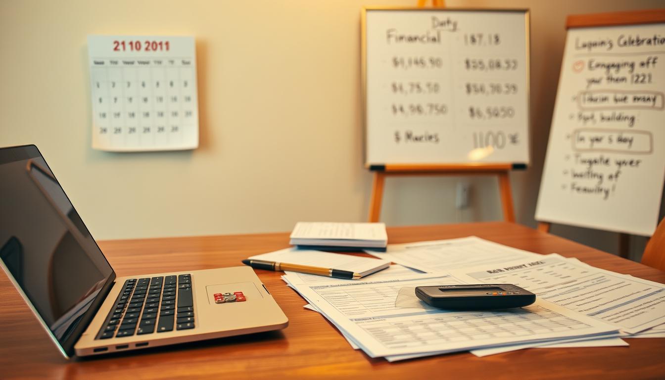 Engagement party budget planning: a neatly organized workspace with a laptop, calculator, and financial documents spread out on a wooden table. Soft, warm lighting illuminates the scene, creating a focused, thoughtful atmosphere. In the background, a wall calendar highlights the upcoming engagement celebration date. Carefully crafted prompts and financial notes are scribbled on a whiteboard, indicating a meticulous planning process. The overall composition conveys a sense of careful consideration and attention to detail in managing the event's budget.