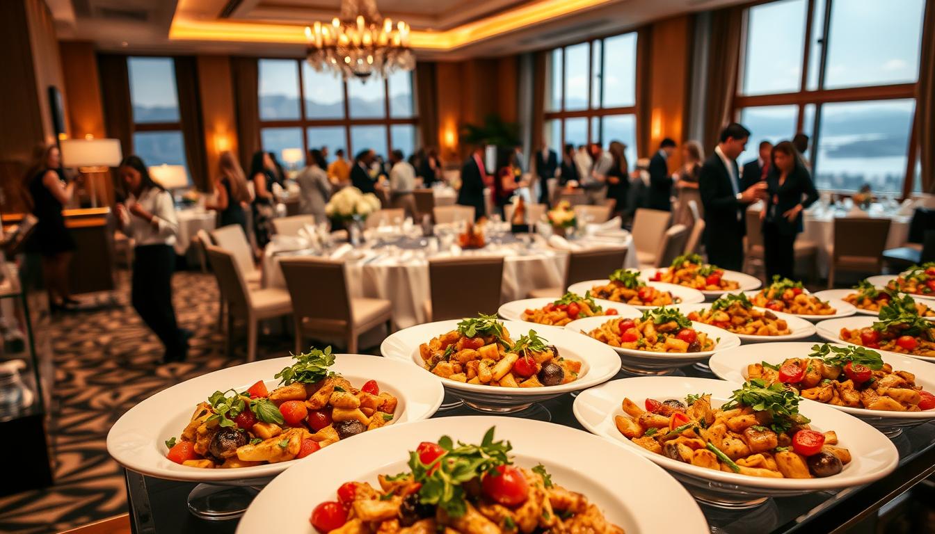 High-quality engagement party catering vendors, presented in a sophisticated, elegant setting. A foreground of expertly-prepared gourmet dishes, garnished with fresh herbs and vibrant colors, inviting the viewer to imagine the flavors. In the middle ground, uniformed servers gracefully move through the scene, attending to the needs of well-dressed guests mingling around immaculately set tables. The background reveals a luxurious event space, with warm lighting, plush furnishings, and panoramic windows offering picturesque views. An atmosphere of refined sophistication, where exceptional culinary craft and attentive service come together to create an unforgettable engagement party experience.