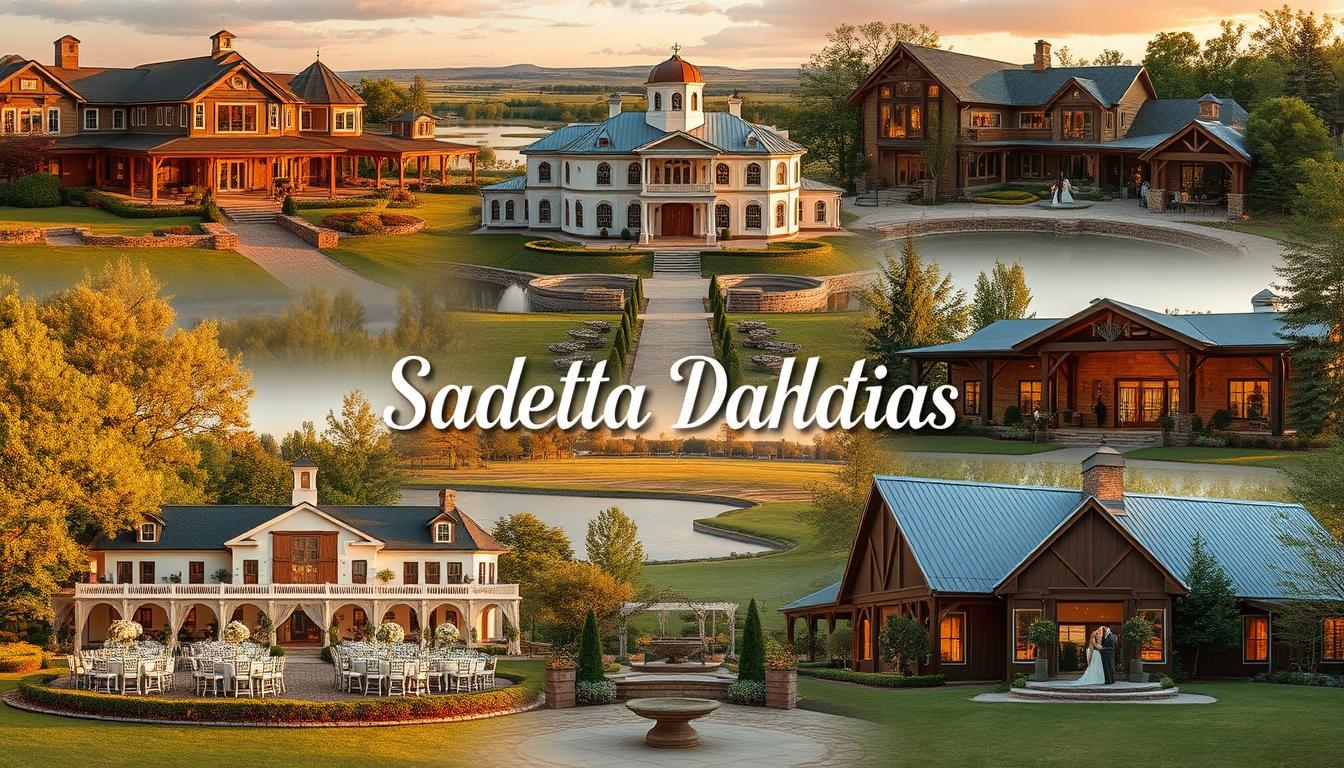 High-resolution, detailed, photorealistic image of a variety of upscale wedding venues in South Dakota, showcasing their elegant architecture, natural surroundings, and picturesque settings. Capture the grandeur and charm of these venues, with a focus on their outdoor spaces, such as scenic gardens, lakeside locations, and rustic barns. Depict the venues in warm, golden natural lighting, creating a romantic and inviting atmosphere. Convey a sense of sophistication and refinement that would appeal to couples planning their dream South Dakota wedding.