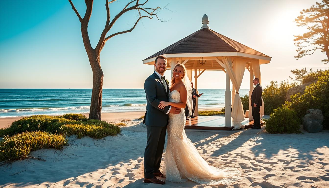 Long Island beach wedding venue, sun-drenched and serene, with soft white sand, gentle waves lapping the shore, and a picturesque gazebo nestled amidst lush greenery. Capture the scene with a wide-angle lens, showcasing the breathtaking panorama of the Atlantic Ocean in the background, with a warm, golden hour glow illuminating the couple and their guests. Utilize a shallow depth of field to highlight the couple at the center, their faces radiating joy and love, while the surrounding natural beauty creates a stunning, romantic backdrop. Convey a sense of tranquility and timeless elegance that epitomizes the unique charm of this coastal wedding destination.