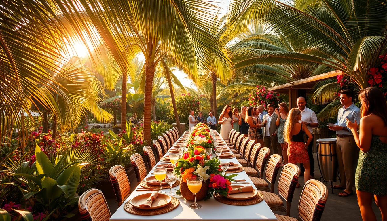 Lush tropical foliage frames a vibrant, sun-drenched scene. Swaying palm trees and colorful flowers create a stunning backdrop for a stylish engagement party. A long table is adorned with tropical-inspired decor - woven placemats, wooden chargers, and a lush floral centerpiece. Guests mingle, sipping from coconut-shell cocktails and sampling exotic fruit-infused hors d'oeuvres. Warm, golden lighting casts a dreamy glow, while a live steel drum band provides upbeat island melodies. The overall atmosphere exudes a sense of relaxed, island-inspired elegance, perfectly capturing the "Tropical Paradise Party" theme.
