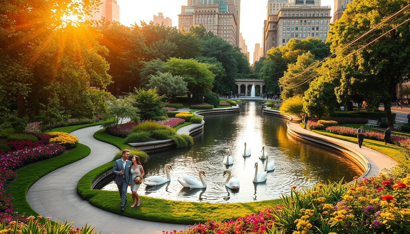 Lush, vibrant parks and serene gardens in the heart of downtown Manhattan, bathed in the warm glow of golden hour sunlight. Verdant trees and colorful flower beds frame a tranquil pond, where elegant swans glide across the glistening surface. In the foreground, couples stroll hand-in-hand along meandering paths, surrounded by the architectural splendor of historic buildings. The scene exudes a romantic, enchanting atmosphere, perfect for an outdoor wedding celebration.