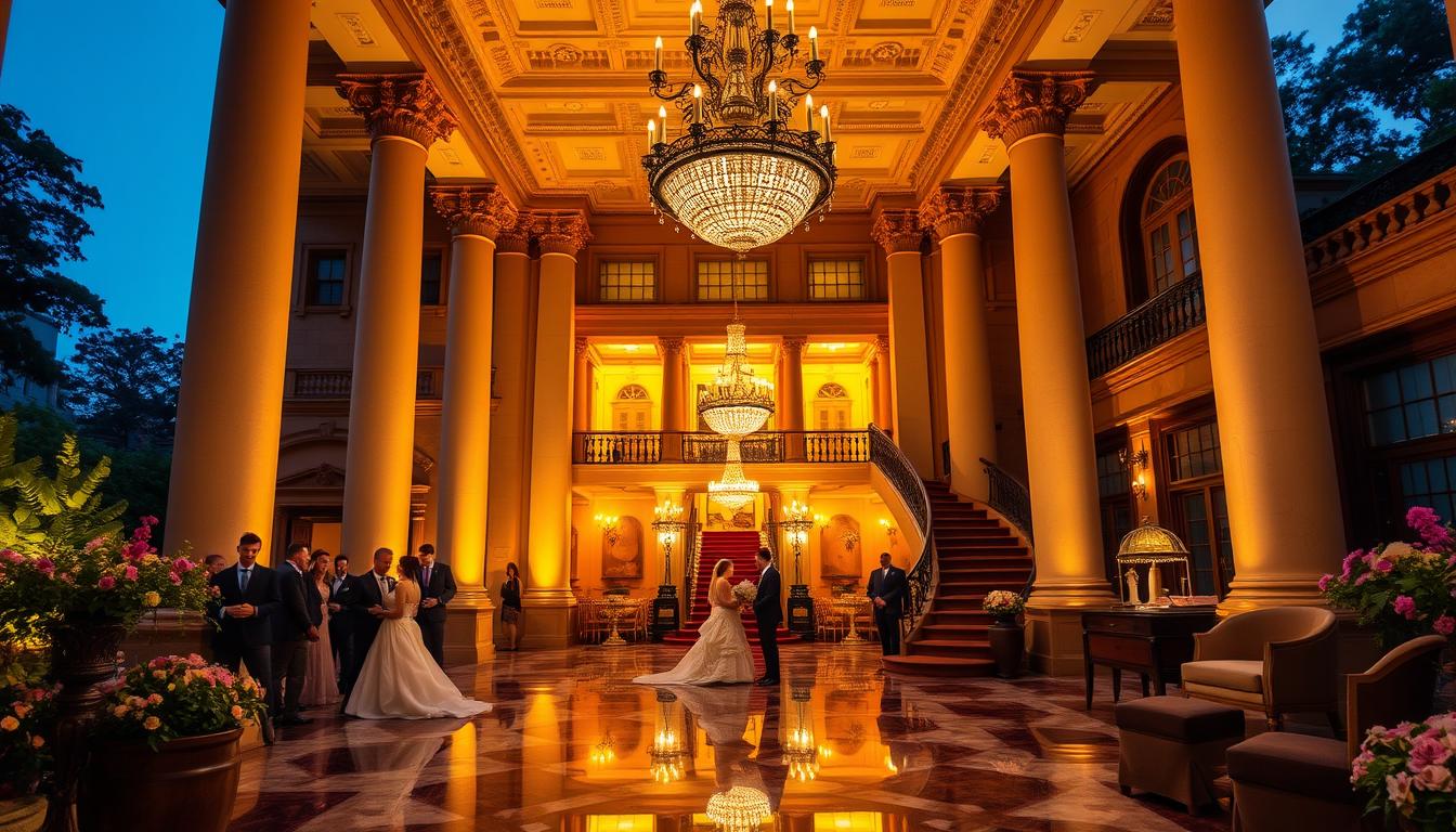 Luxurious wedding venue in the heart of Harlem, New York City. A grand, historic mansion with ornate facade, towering columns, and manicured gardens. Warm, golden lighting illuminates the elegant ballroom, where high ceilings, intricate chandeliers, and rich, mahogany furnishings create an atmosphere of refined sophistication. Couples mingle amid the opulent decor, their flowing gowns and tuxedos reflected in the polished marble floors. Sweeping staircase leads to a lavish bridal suite, where the bride prepares amidst the vintage charm. Lush greenery and blooming flowers frame the outdoor terrace, offering a picturesque setting for cocktails and photographs against the iconic Harlem skyline.