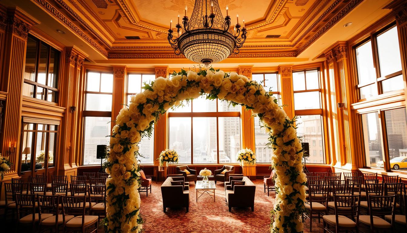 Majestic NYC wedding venues, grand architecture and elegant interiors, bathed in warm, golden light. A stunning ballroom with ornate chandeliers and detailed moldings, floor-to-ceiling windows offering breathtaking city skyline views. In the foreground, a romantic floral arch, cascading blooms framing the ceremony space. Across the middle ground, a sophisticated lounge area with plush seating, intimate conversation nooks. The background reveals the bustling streets of Manhattan, skyscrapers and yellow cabs, setting the perfect urban backdrop for this special occasion.