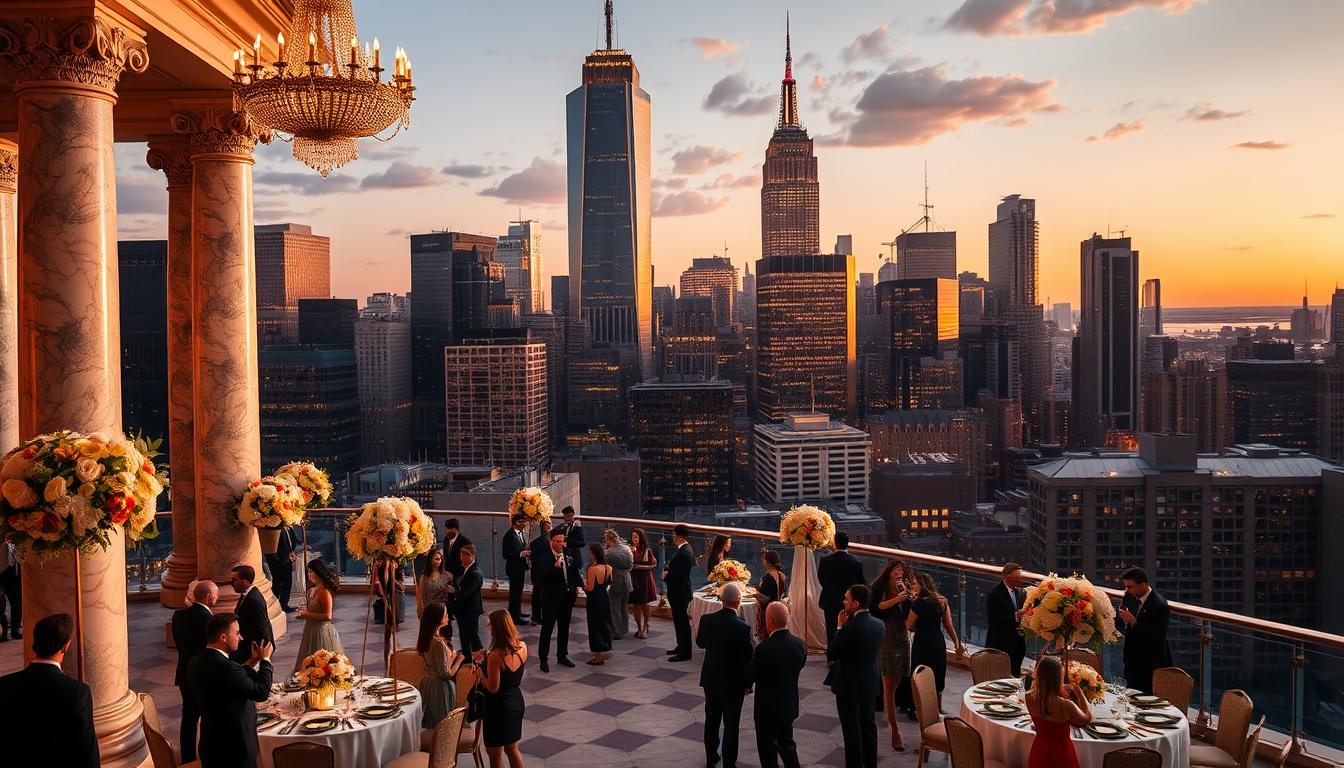 Majestic, towering skyline of Manhattan's iconic high-rises, bathed in golden hour sunlight. In the foreground, a grand, ornate wedding venue with marble columns, elegant chandeliers, and lush floral arrangements. Guests mingle on a sprawling terrace, overlooking the city's glittering lights. Soft, warm lighting casts a romantic glow, as professional photographers capture the lavish affair. The scene exudes sophistication, exclusivity, and a touch of old-world charm - the perfect backdrop for a luxury Manhattan wedding.