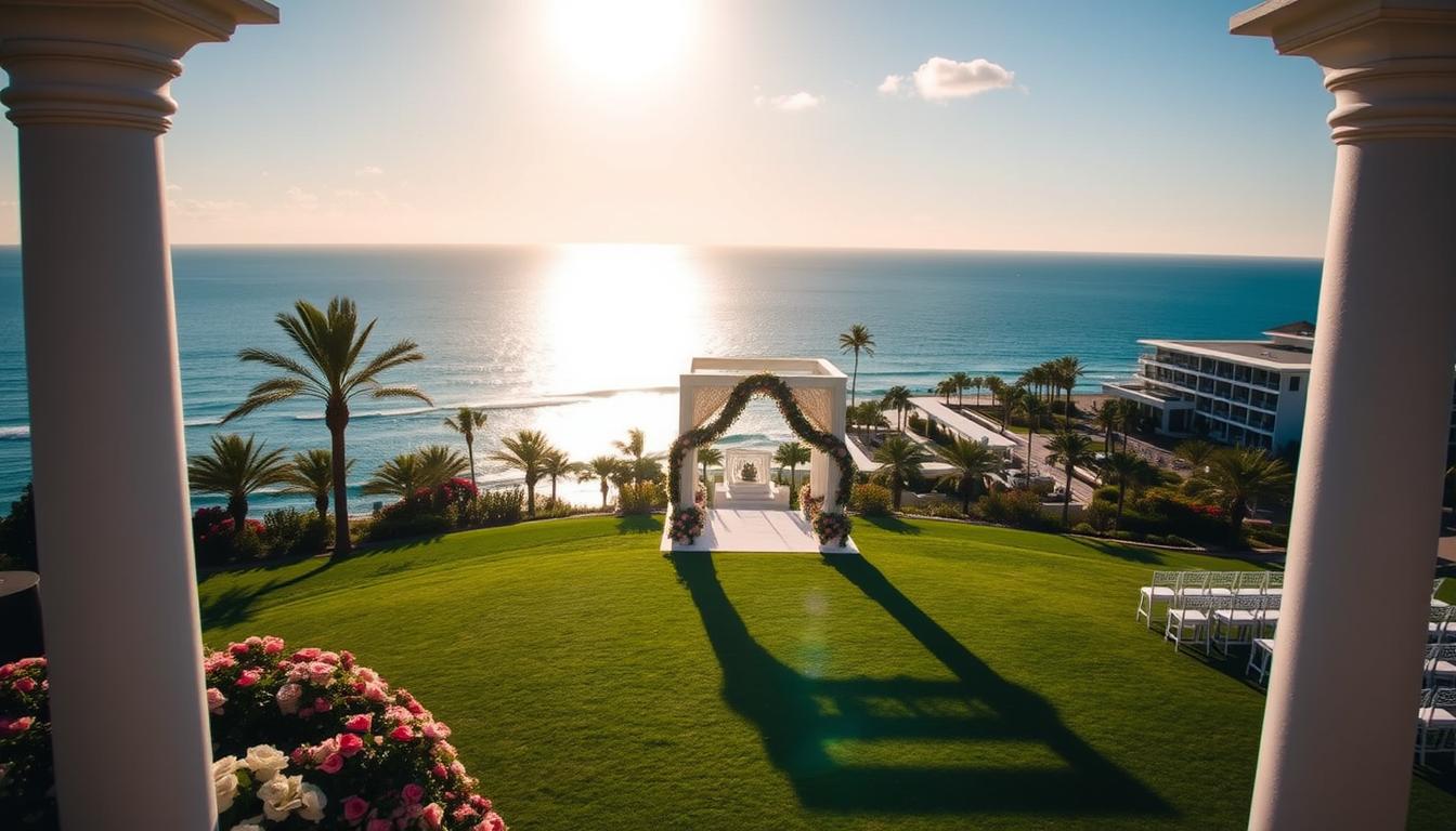 Oceanfront wedding packages: a serene, sun-dappled scene overlooking the azure expanse of the ocean. In the foreground, a pristine white gazebo adorned with cascading flowers, its elegant silhouette reflected in the gentle lapping waves. Surrounding it, a lush, manicured lawn dotted with fragrant blooms and swaying palm trees. In the middle ground, a sprawling resort with sleek, modern architecture blending seamlessly into the natural landscape. The background features a breathtaking panorama of the open sea, the horizon painted in hues of gold and coral as the sun dips below the distant horizon, casting a warm, romantic glow over the entire scene. The overall atmosphere is one of tranquility, luxury, and the promise of a truly unforgettable seaside celebration.