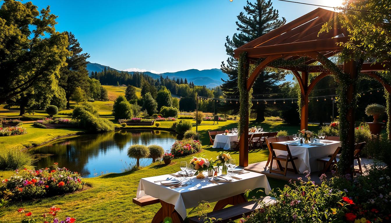 Outdoor engagement party venues: a picturesque garden oasis with lush greenery, scattered blooming flower beds, and a serene pond reflecting the warm afternoon sun. In the foreground, a charming wooden gazebo adorned with trailing vines and twinkling fairy lights, creating a cozy and intimate atmosphere. In the middle ground, elegantly laid tables with crisp white linens, delicate glassware, and fresh floral centerpieces, surrounded by rustic wooden benches and string lights overhead. The background features rolling hills, towering trees, and a cloudless azure sky, instilling a sense of tranquility and natural beauty. The overall mood is one of effortless elegance and a celebration of love in a stunning outdoor setting.