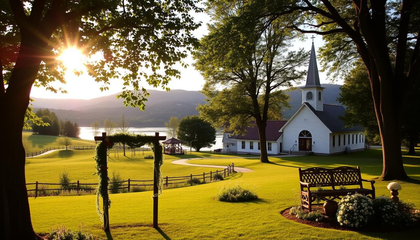Picturesque Vermont wedding venues: a lush, verdant landscape with rolling hills, babbling brooks, and quaint historic barns. In the foreground, a well-manicured garden hosts a rustic wooden arch adorned with cascading vines and wildflowers. Warm, natural sunlight filters through the canopy of mature trees, casting a soft, romantic glow. The middle ground showcases a charming white clapboard church with a tall steeple, its stained-glass windows glinting. In the distance, a tranquil lake reflects the surrounding mountains, creating a serene, idyllic atmosphere. This harmonious blend of natural beauty and traditional architecture evokes the timeless elegance of a Vermont wedding ceremony.