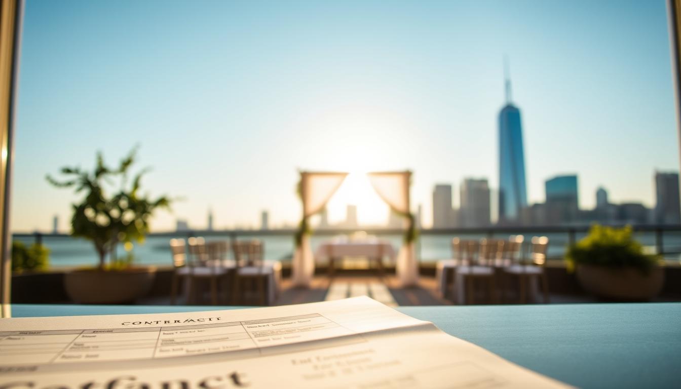 Queens wedding venues payment plans: A series of elegant, modern wedding venues in Queens, New York, showcasing their flexible and transparent payment plans. The foreground features a close-up of a contract and calendar, conveying the organizational and financial aspects of wedding planning. The middle ground shows a serene, sun-lit outdoor ceremony space with lush greenery, while the background depicts the stunning skyline of the borough, establishing the urban context. The lighting is soft and warm, creating a sense of tranquility and sophistication. The overall mood is one of professionalism, attention to detail, and a commitment to making the wedding planning process as smooth and stress-free as possible.