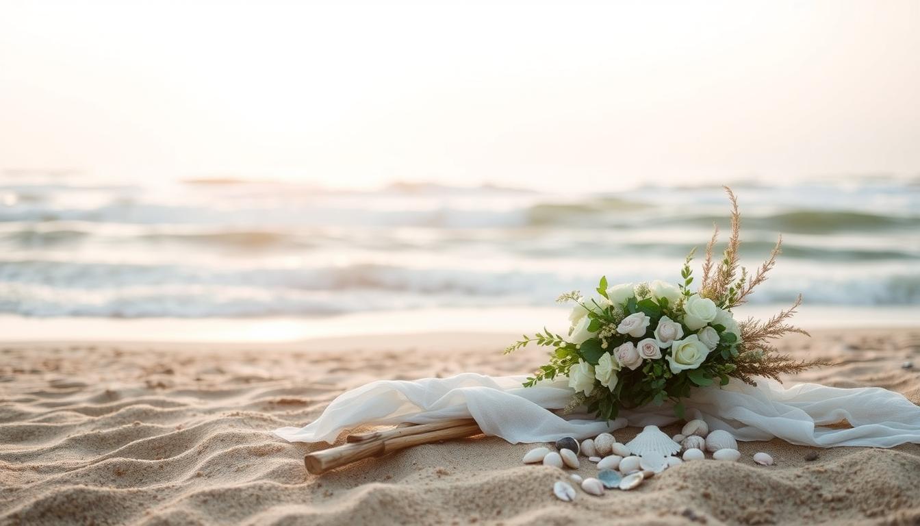 Rustic beach wedding color palette: muted tones of sand, driftwood, and sea glass, with pops of soft blues, greens, and whites. Natural textures like weathered wood, linen, and seashells in the foreground. Gently rolling waves and a hazy, golden sunset in the background, captured through a warm, vintage-inspired lens. The overall mood is one of effortless elegance, with a touch of coastal charm.