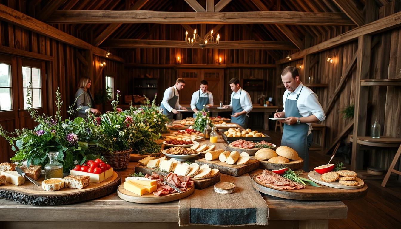 Rustic wedding catering in a charming upstate New York setting. A long wooden table adorned with lush greenery, wildflowers, and vintage-inspired tableware. In the foreground, an array of artisanal food platters featuring local cheeses, cured meats, and freshly baked bread. In the middle ground, servers in crisp white shirts and aprons gracefully present seasonal dishes. The background showcases a cozy barn with weathered wooden beams, soft lighting, and an inviting ambiance. Warm, earthy tones create a welcoming, relaxed atmosphere perfect for a rustic wedding celebration.