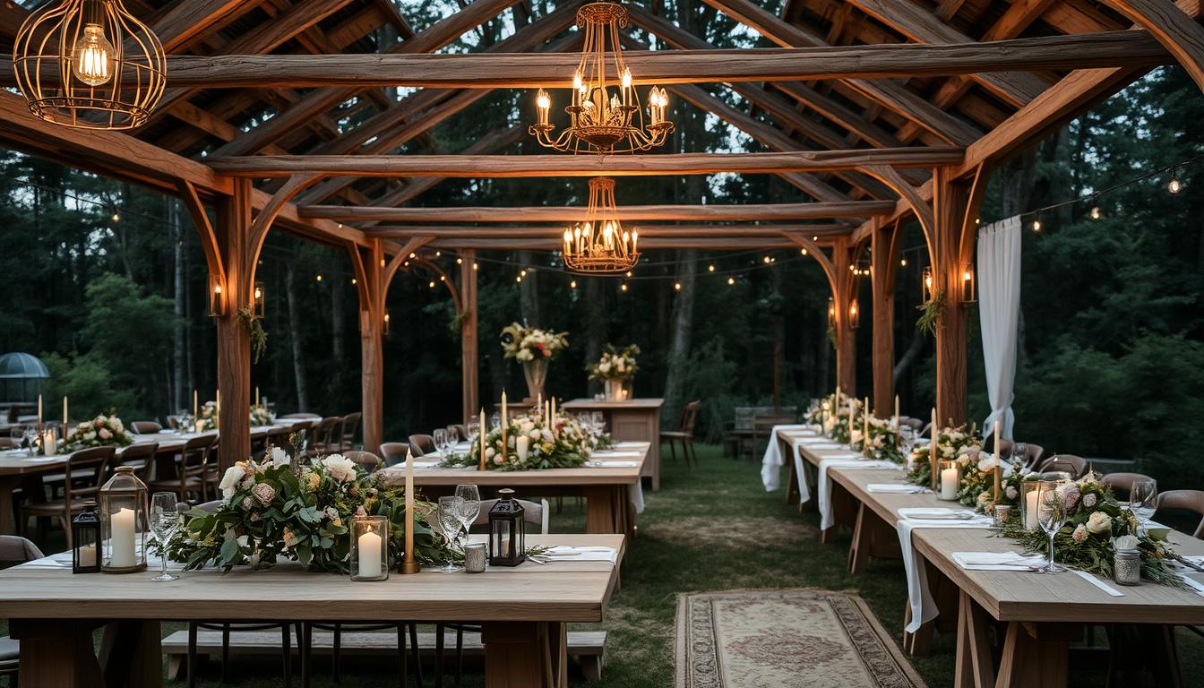 Rustic wedding decor, set against a natural backdrop. Weathered wooden beams and vintage chandeliers hang overhead, casting a warm, ambient glow. Centerpieces of wildflowers, greenery, and candles adorn simple, unfinished wood tables. Soft, muted tones of blush, sage, and ivory create a cozy, intimate atmosphere. Lanterns and string lights twinkle in the twilight, while a vintage-inspired rug underfoot adds texture and charm. Gentle breeze rustles through the leaves, as guests mingle and celebrate the occasion in this enchanting, woodland-inspired setting.