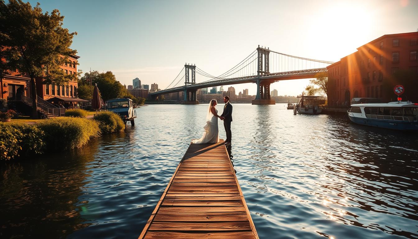 Scenic waterfront on the East River in Brooklyn, New York. A tranquil cove with a wooden dock stretching into the calm waters, surrounded by lush greenery and brownstone buildings. Warm, golden-hour sunlight bathes the scene, casting long shadows and warm reflections in the rippling surface. An elegant couple pose effortlessly on the dock, their wedding attire complementing the natural setting. A cinematic, romantic atmosphere pervades the frame, with a lens flare adding a touch of dreaminess. The Brooklyn Bridge looms in the distance, silhouetted against a vibrant sky.