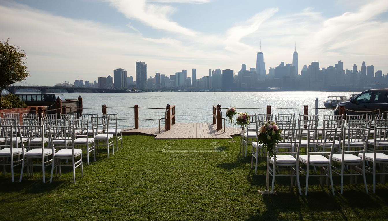 Serene outdoor waterfront wedding venue in New York City, with a picturesque view of the Manhattan skyline in the background. A lush green lawn leads to a wooden dock or patio overlooking a calm bay or river, with gentle waves lapping at the shore. Soft, natural lighting filters through wispy clouds, creating a warm, romantic ambiance. Elegant, white chairs are neatly arranged, awaiting the arrival of the happy couple. The venue is tastefully decorated with delicate floral arrangements, adding pops of color and a touch of whimsy to the scene. An overall sense of tranquility and natural beauty, perfect for an intimate, Brooklyn-inspired waterfront wedding.