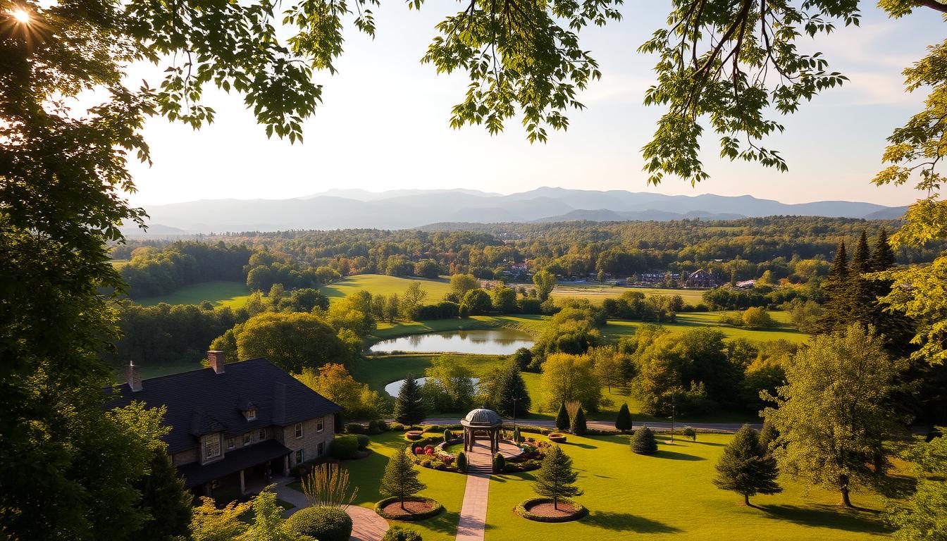 Stunning Hudson Valley landscape with lush greenery, rolling hills, and serene ponds. In the foreground, a picturesque historic estate with elegant architecture and charming gardens. Warm, golden sunlight filters through the trees, casting a soft, romantic glow on the scene. The middle ground features a charming gazebo or pavilion, perfect for an intimate outdoor ceremony. In the distance, the majestic Catskill Mountains provide a breathtaking backdrop. The overall atmosphere evokes a sense of timeless elegance and natural beauty, ideal for an unforgettable small wedding celebration.