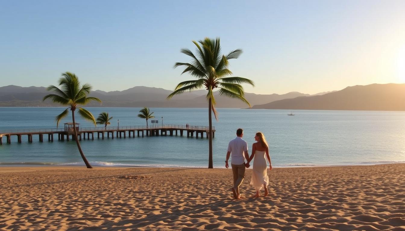 Stunning beachfront location with serene waters and soft, golden sand. In the foreground, a couple strolls hand-in-hand, their silhouettes framed by the setting sun's warm glow. The middle ground features swaying palm trees and a picturesque pier extending into the calm, turquoise sea. The background showcases a breathtaking coastal landscape, with rolling hills and distant mountains creating a breathtaking backdrop. The scene is bathed in a warm, golden-hour light, conveying a sense of tranquility and romance. Captured with a wide-angle lens to emphasize the vast, expansive nature of the setting.
