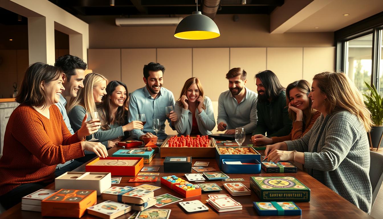 Vibrant and engaging group of friends gathered around a table, immersed in a variety of interactive party games. The scene is bathed in warm, soft lighting that casts a cozy, celebratory atmosphere. In the foreground, a selection of classic board games, card decks, and party props are scattered, inviting players to join in the fun. The middle ground showcases a diverse group of people - some laughing, others deep in concentration, all enjoying the camaraderie of the moment. In the background, a stylish, modern interior with neutral tones provides a sleek, sophisticated setting for the lively gathering. The overall composition conveys a sense of shared joy, laughter, and connection.