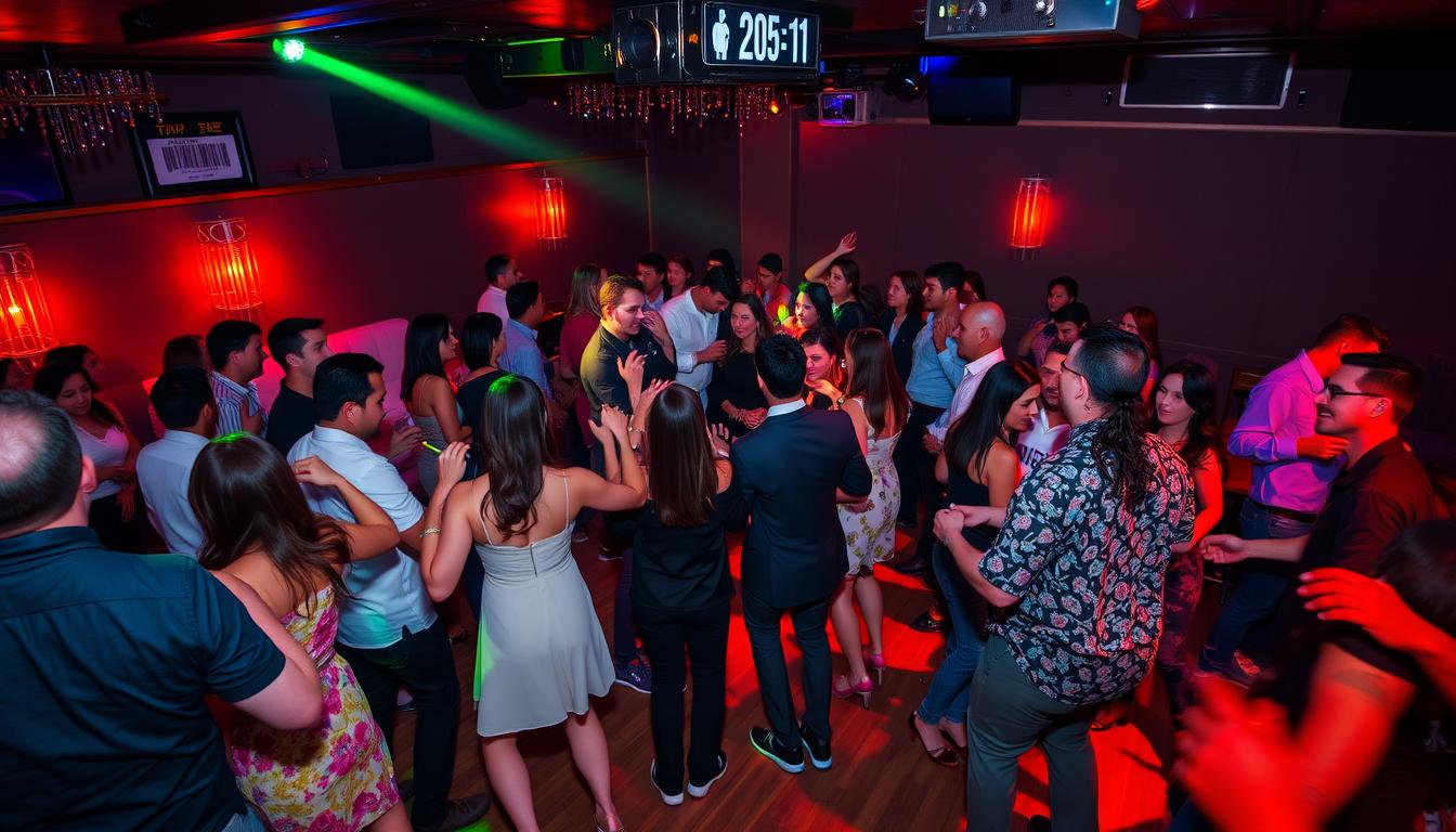 Vibrant and lively party scene, with guests engaged in various forms of music and dance. In the foreground, a group of people dancing energetically to the beat of an upbeat, rhythmic track played by a live band on stage. The middle ground features a mix of couples and groups swaying, twirling, and tapping their feet to the captivating melodies. In the background, a dimly lit lounge area with plush seating invites guests to relax and enjoy the music. Warm, colorful lighting creates an inviting, festive atmosphere, while the camera angle captures the energy and excitement of the event.