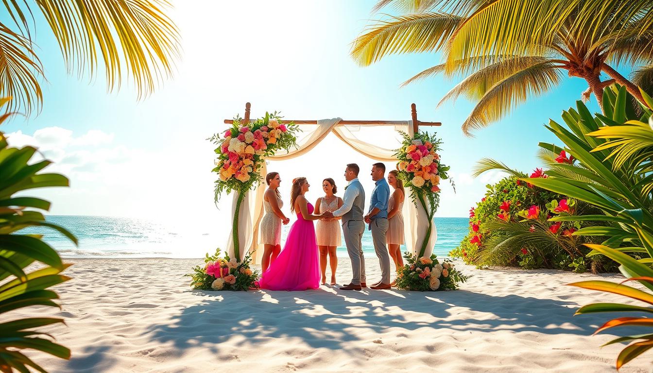 Vibrant beach wedding theme: a sun-kissed shoreline, soft white sand and lush tropical foliage frame the scene. In the foreground, a picturesque wedding arch adorned with lush greenery, pastel florals, and shimmering accents stands tall, casting gentle shadows. The middle ground features a joyful couple exchanging vows, surrounded by their loved ones - all dressed in vibrant, saturated hues that complement the beachside setting. Overhead, a warm, golden hour glow bathes the scene in a romantic, dreamy light, complemented by a cloudless azure sky. The result is a breathtaking, immersive tableau that captures the essence of a vibrant, sun-drenched beach wedding.