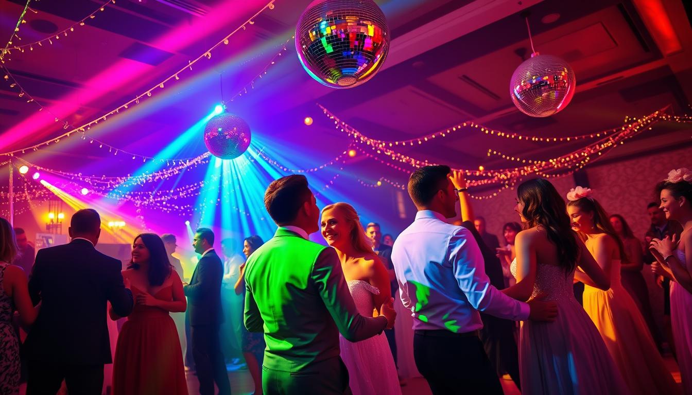 Vibrant rainbow lighting cascades over an intimate LGBTQ wedding reception, illuminating a dance floor filled with joy and celebration. Elegant same-sex couples sway to the upbeat rhythms of a talented DJ, surrounded by a festive atmosphere of twinkling string lights and colorful decor. Shimmering disco balls reflect prisms of light, creating a magical ambiance that captures the love and unity of the occasion. Warm, flattering lighting from above casts a soft, cinematic glow, while a wide-angle lens captures the energy and movement of the lively event. This scene exudes a sense of inclusivity, diversity, and boundless happiness.