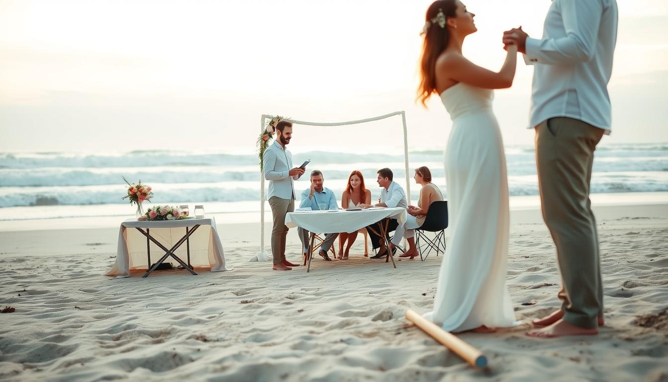 a beach wedding planning scene with a romantic, dreamy atmosphere. in the foreground, a couple stands on the sand, holding hands and gazing at each other lovingly, dressed in formal wedding attire. behind them, a table is set up with wedding planning materials like flowers, invitation cards, and a clipboard. in the middle ground, a group of friends and family members are seated, discussing the wedding plans. in the background, the ocean waves crash gently, with a pastel sunset sky illuminating the scene. the lighting is soft and natural, with a warm, golden glow. the camera angle is low, capturing the intimate, laid-back vibe of a beach wedding.